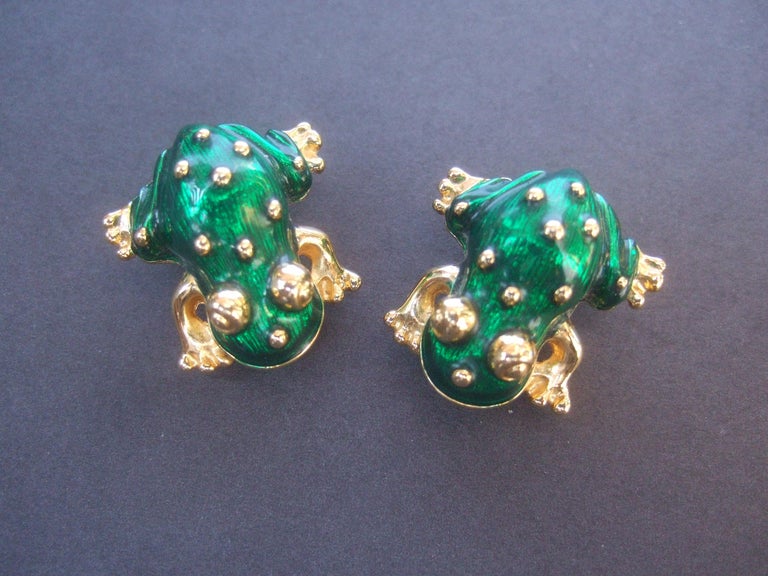 Ken Lane Green Enamel Frog Link Bracelet and Clip-On Earrings Set c ...