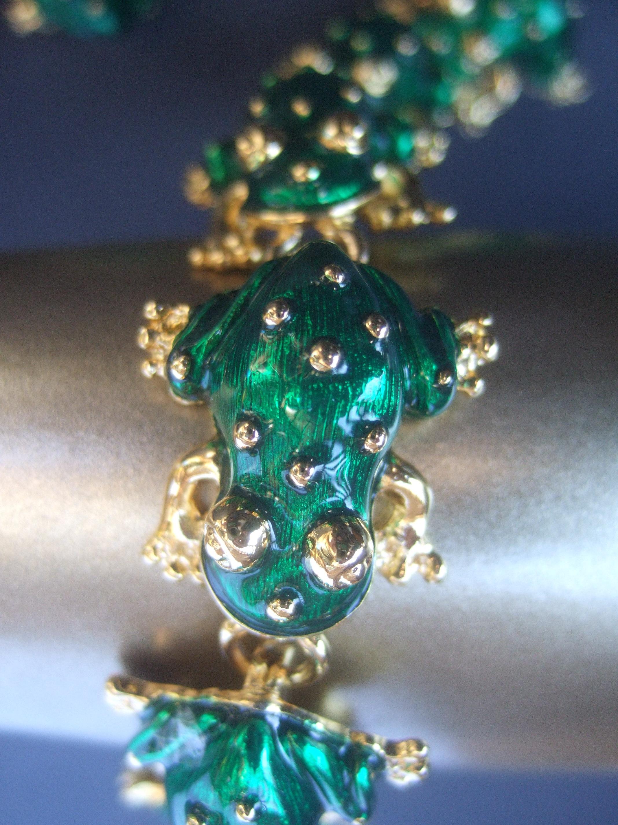 Ken Lane Green Enamel Frog Link Bracelet & Clip-On Earrings Set c 1990s 2
