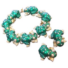 Ken Lane Green Enamel Frog Link Bracelet & Clip-On Earrings Set c 1990s