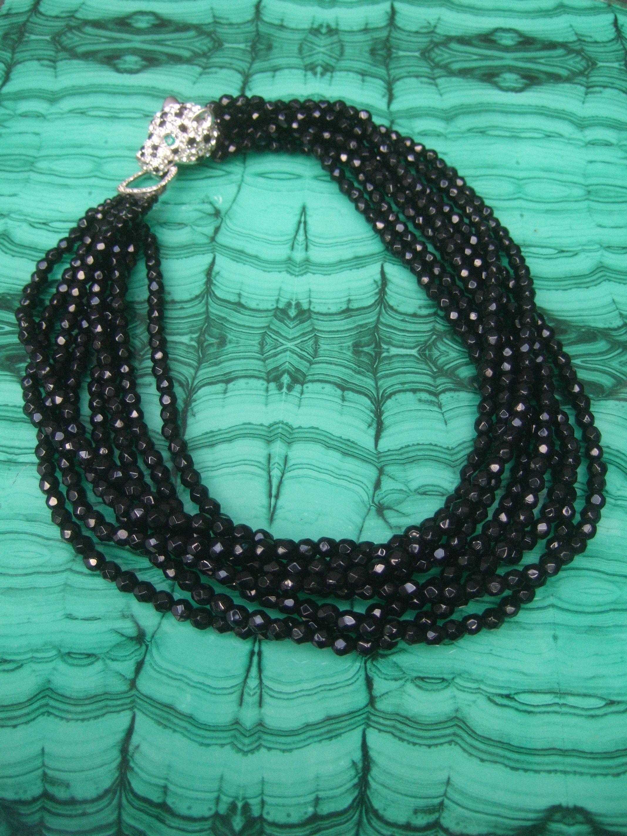 Ken Lane Jet Glass Beaded Jeweled Panther Clasp Choker Style Necklace c 1980 5