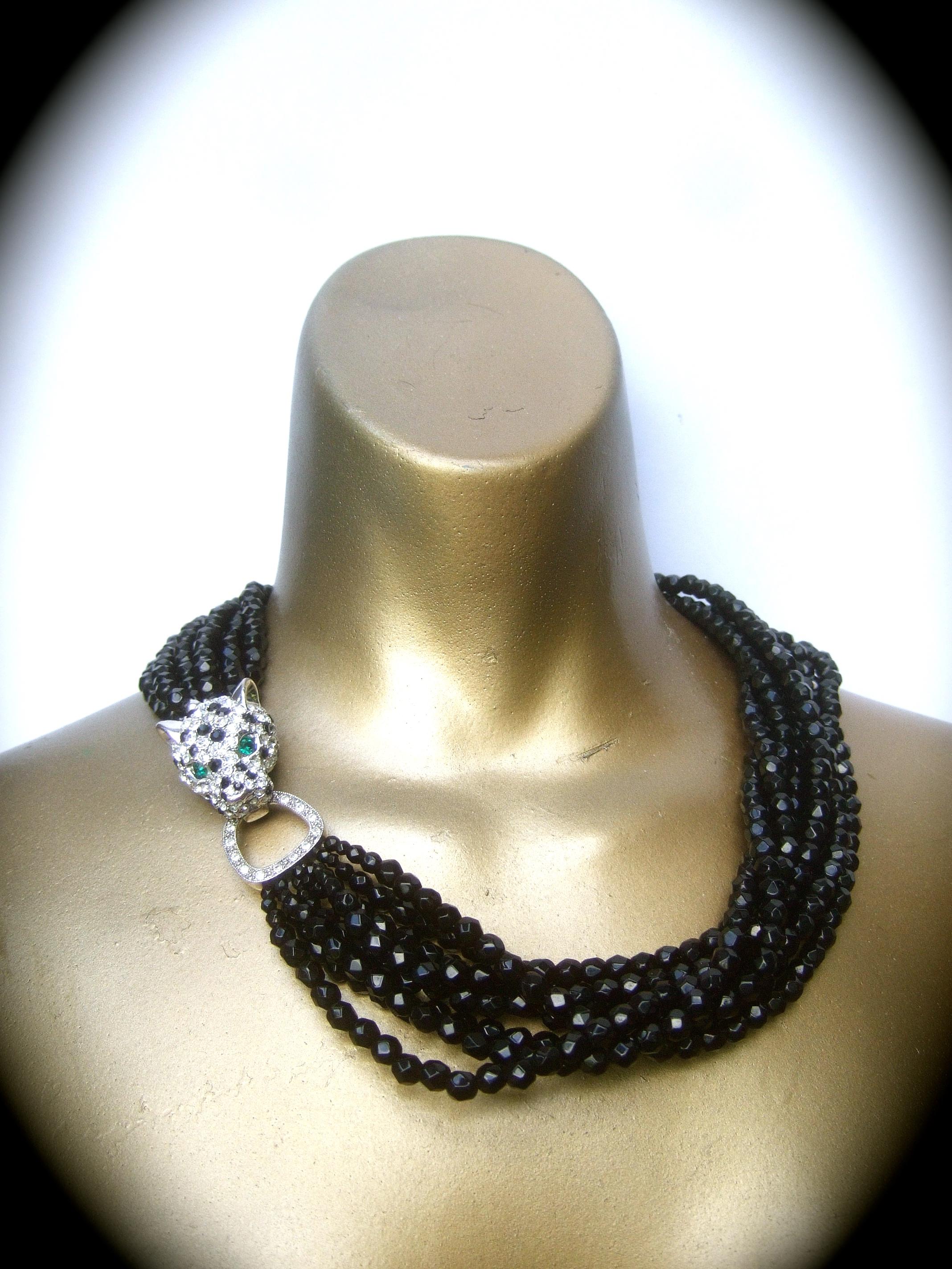 Ken Lane Jet Glass Beaded Jeweled Panther Clasp Choker Style Necklace c 1980 1