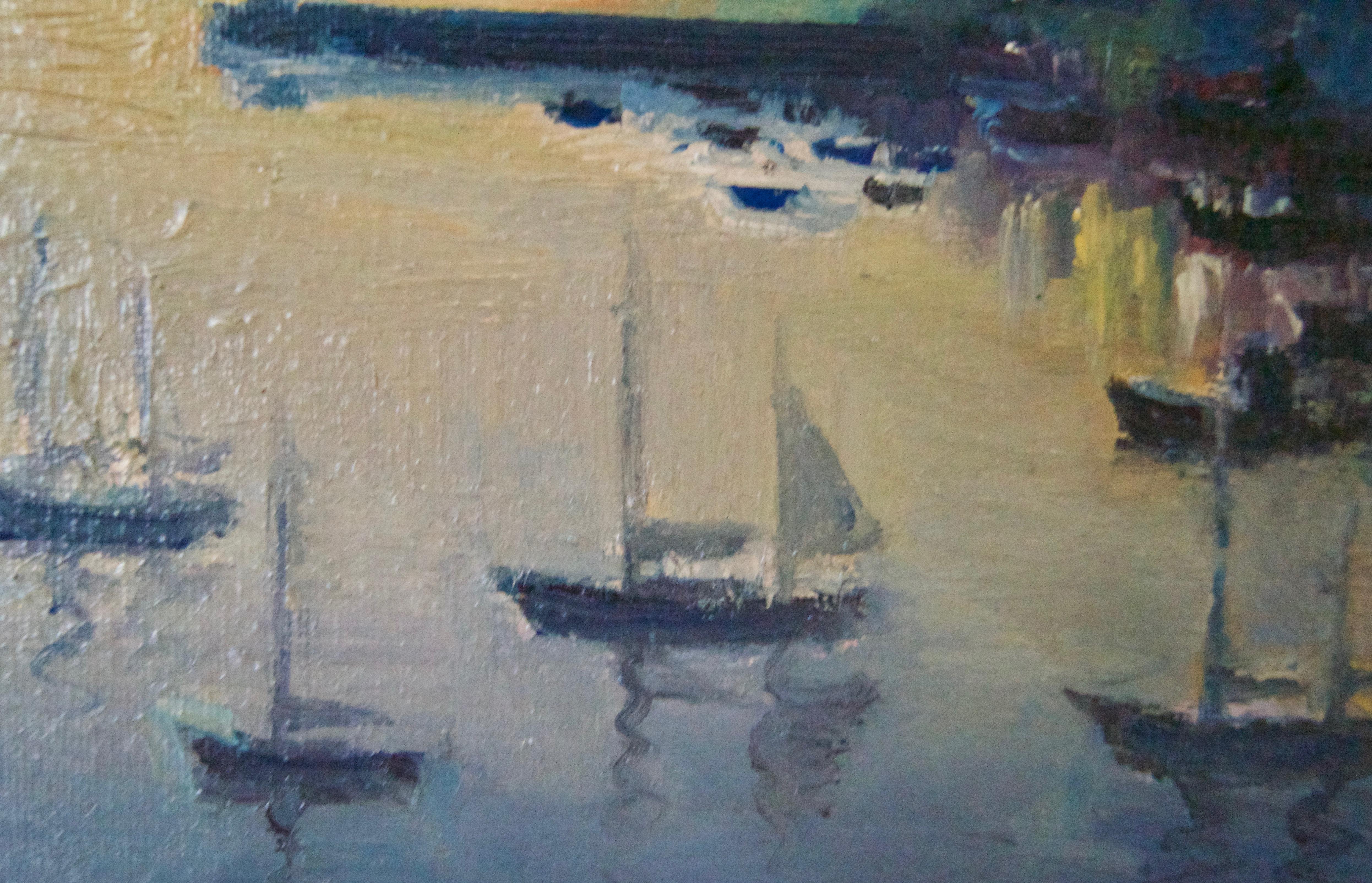 Red Barrell Centre Ketch - Late 20th Century Landscape of Simes Portugal- Leech - Post-Impressionist Painting by Ken Leech