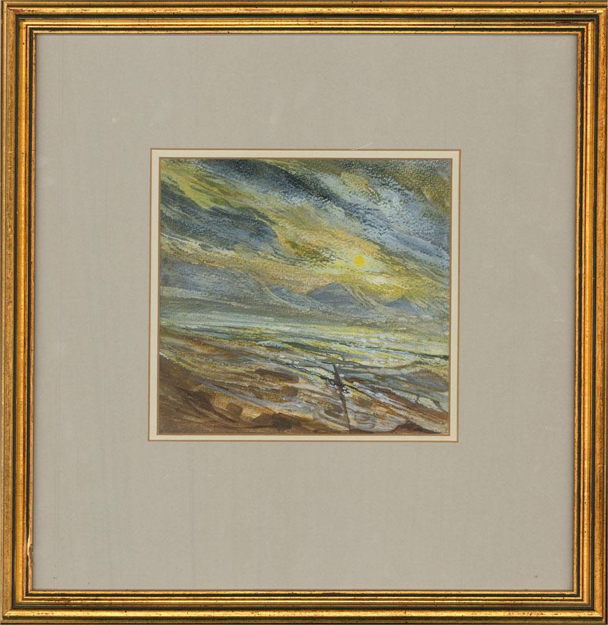A fine acrylic painting on bockingford paper, depicting an abstract seascape. Signed to the lower left-hand corner. Title, date and artist's name inscribed on the reverse. Well-presented in a double card mount and in a speckled, distressed gilt