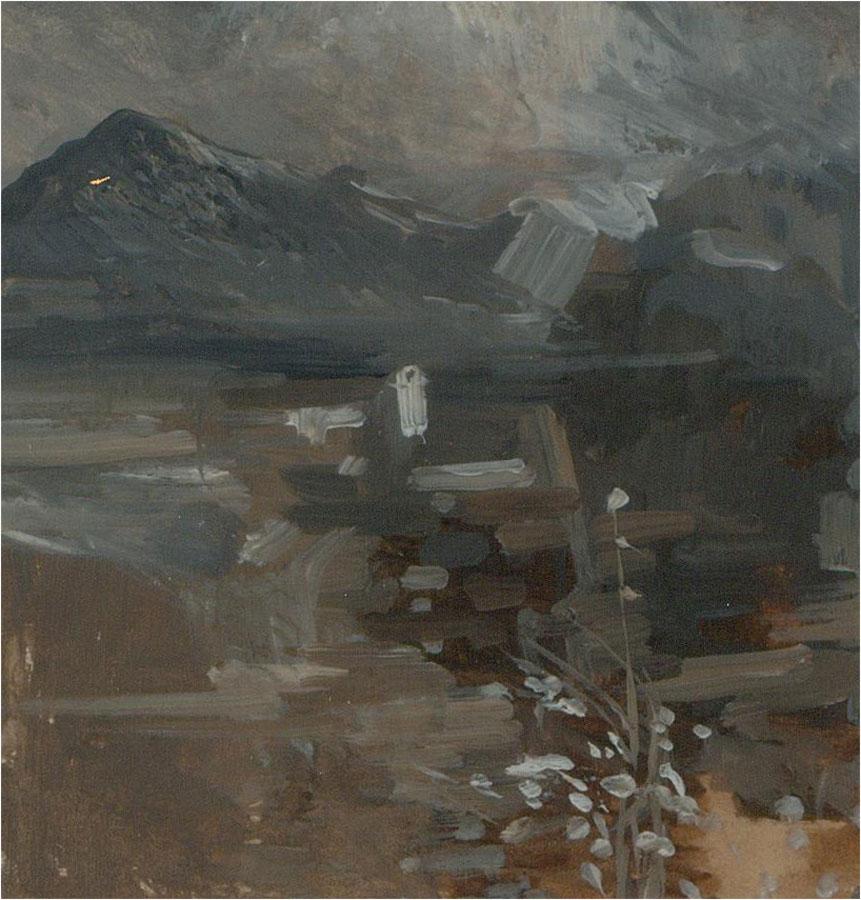 A wonderful atmospheric and expressive study of mountains and lake. Well presented in a wooden frame with gilt detail and double card mount. Inscribed and signed to the reverse. On wove.
