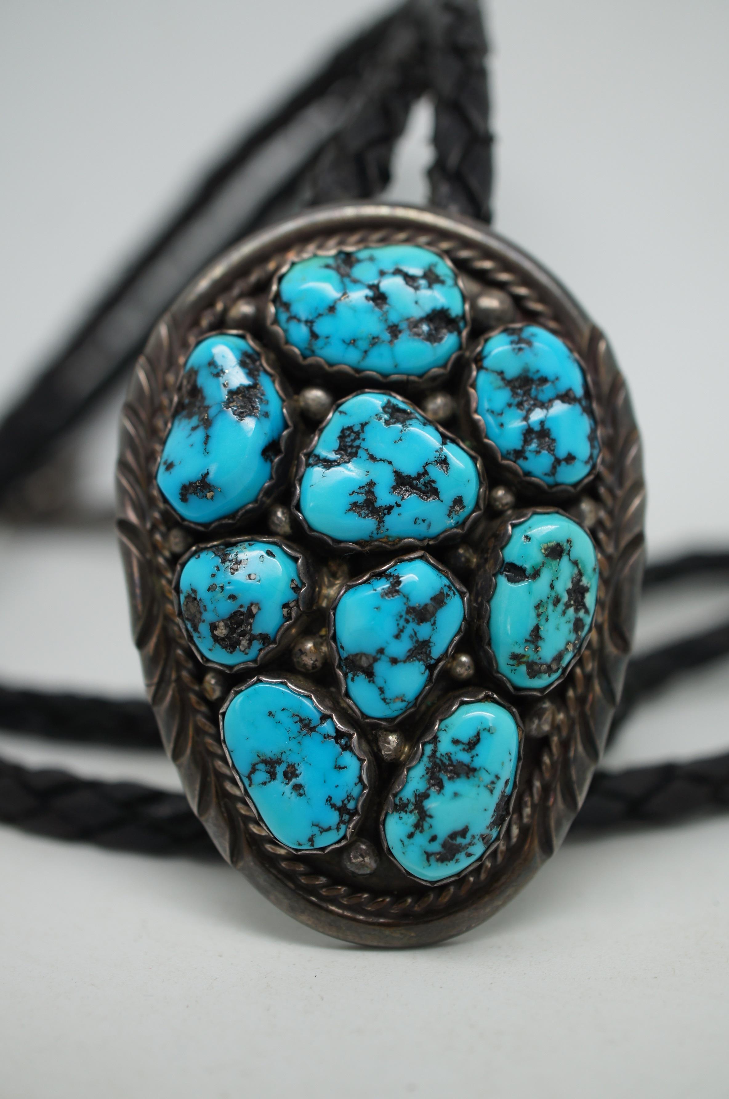 Ken Martinez Southwest Navajo Sterling Silver Turquoise Cluster Pendant Bolo Tie 2