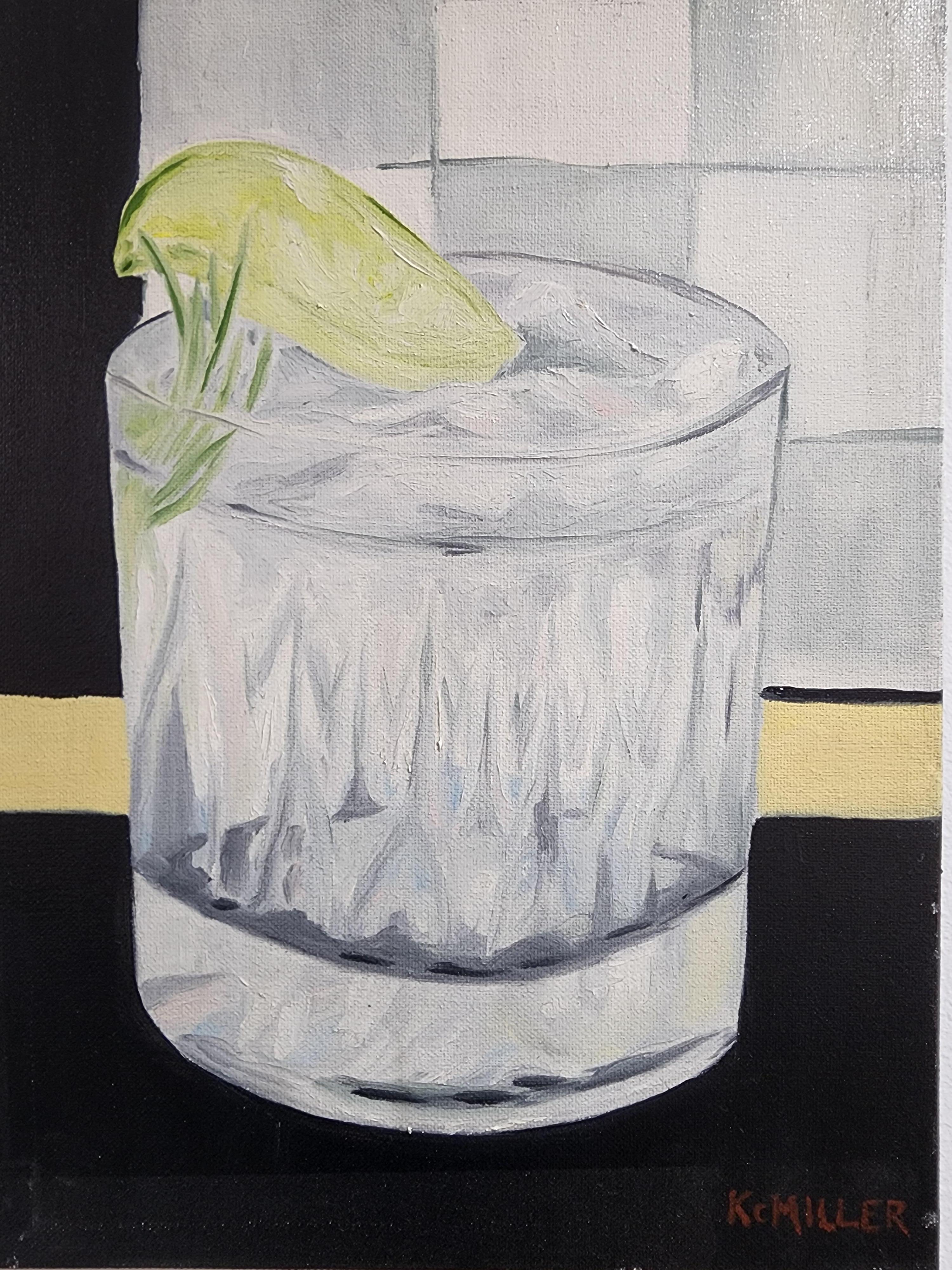Ken Miller Still-Life Painting - Vodka on the Rocks with A Sprig Realism Cocktail 14" x 11" Pop Art