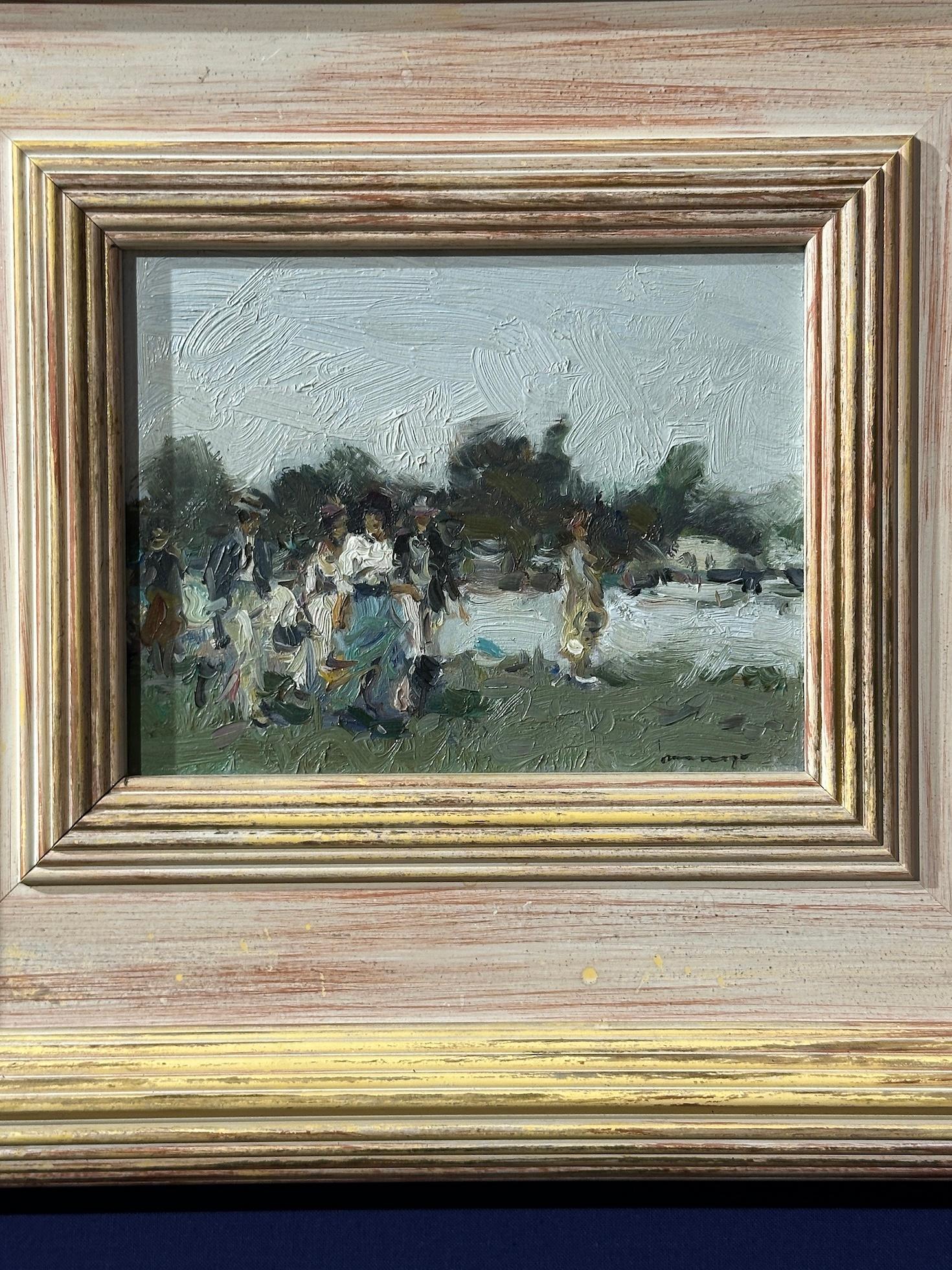 Siglo XX , Paisaje impresionista con figuras en la regata de remo de Henley - Painting de Ken Moroney