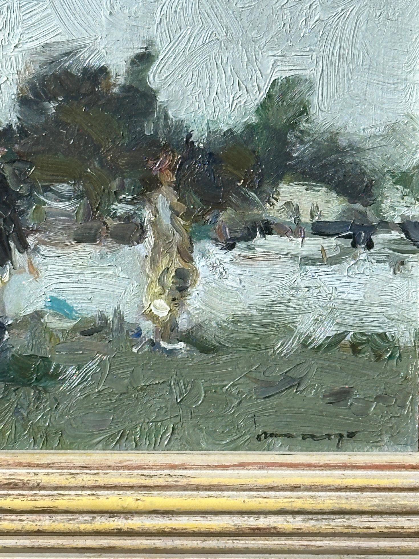 Siglo XX , Paisaje impresionista con figuras en la regata de remo de Henley 1