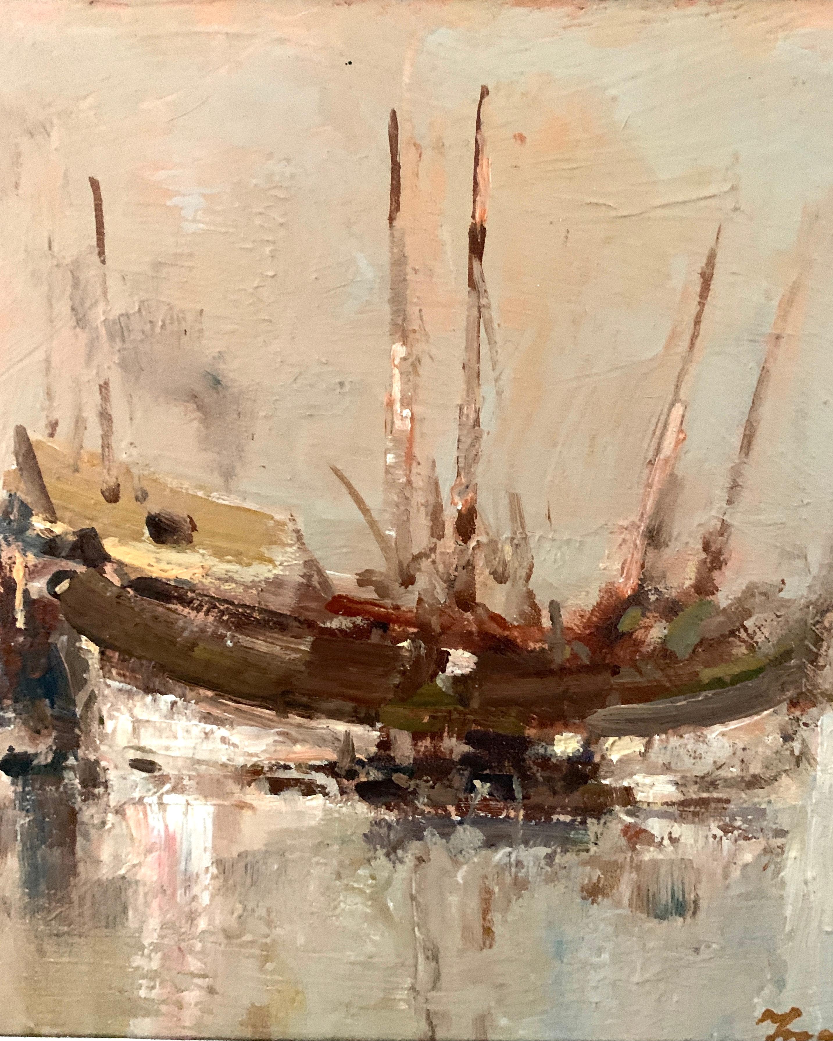 Peinture à l'huile du 20e siècle, une vue de Junks chinois en mer. - Painting de Ken Moroney