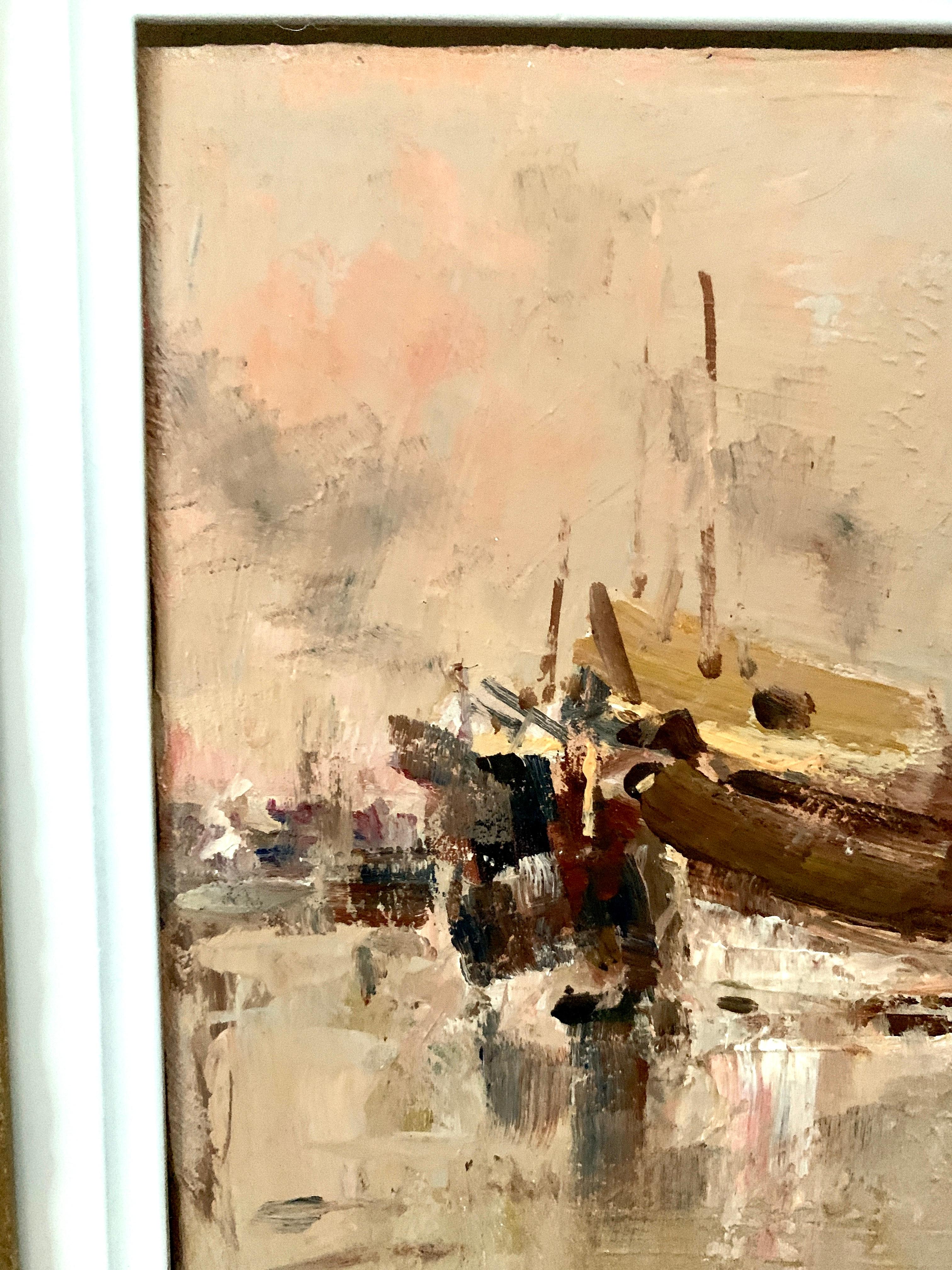 Peinture à l'huile du 20e siècle, une vue de Junks chinois en mer. - Marron Figurative Painting par Ken Moroney