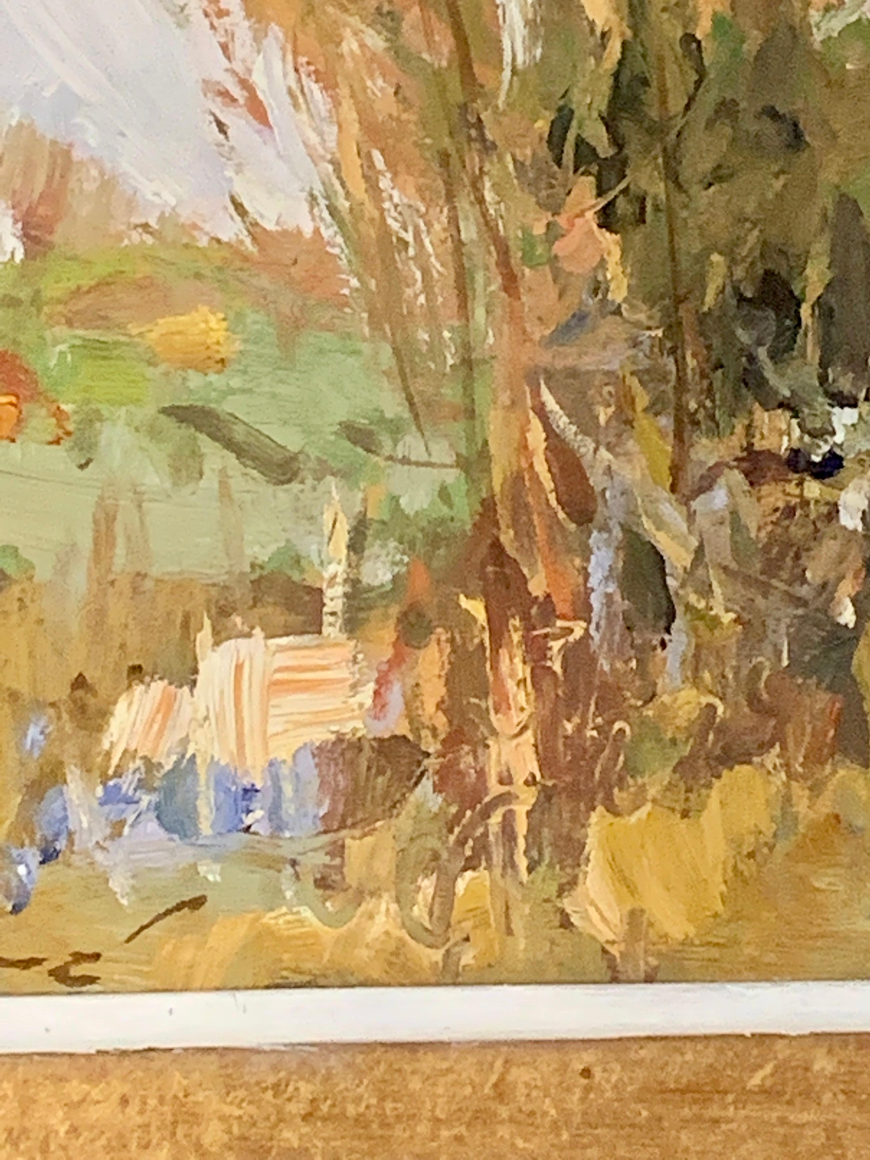 Siglo XX Óleo de un paisaje fluvial impresionista de Cahors, Francia - Landscape Painting Marrón de Ken Moroney