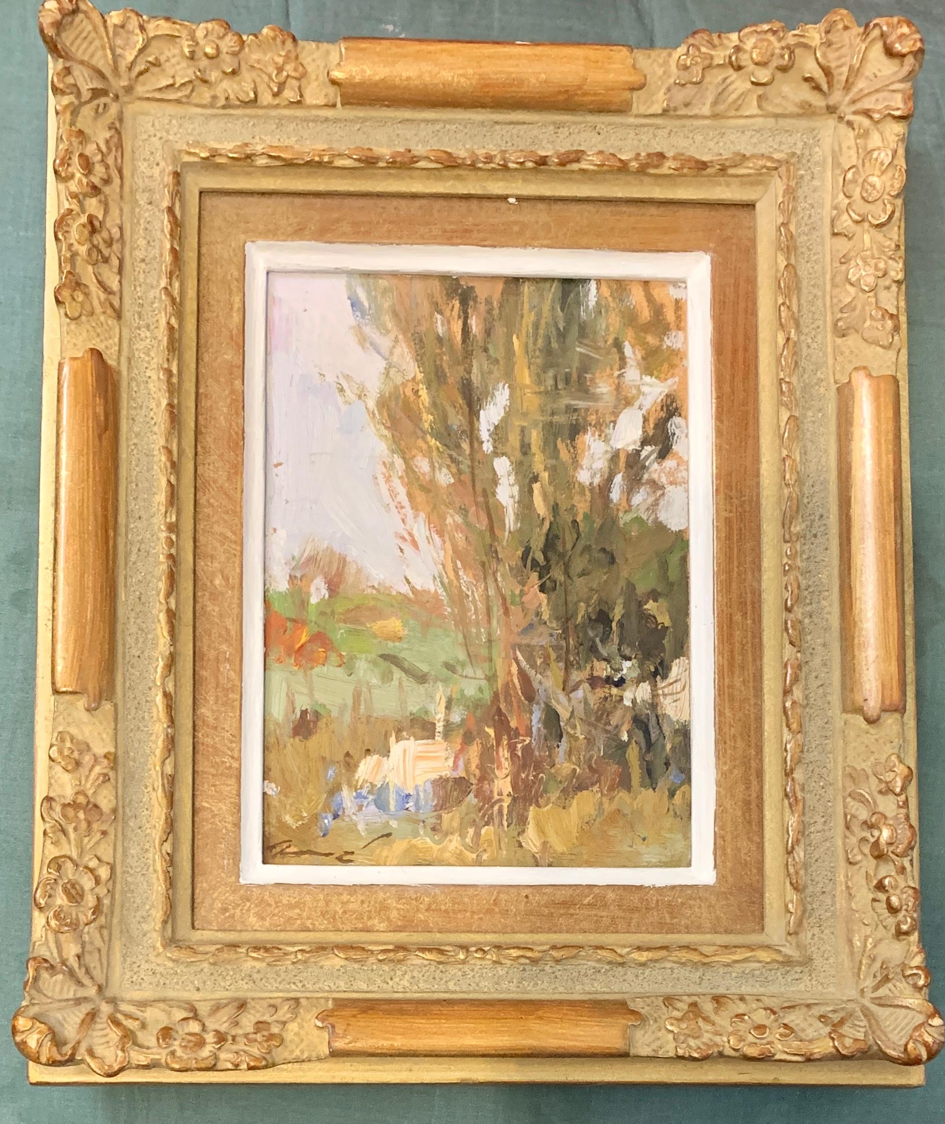 Landscape Painting de Ken Moroney - Siglo XX Óleo de un paisaje fluvial impresionista de Cahors, Francia