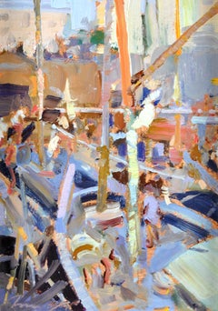 Berthed - 20e siècle Modern British Impressionist Boats in Harbour Painting (peinture de bateaux dans un port)