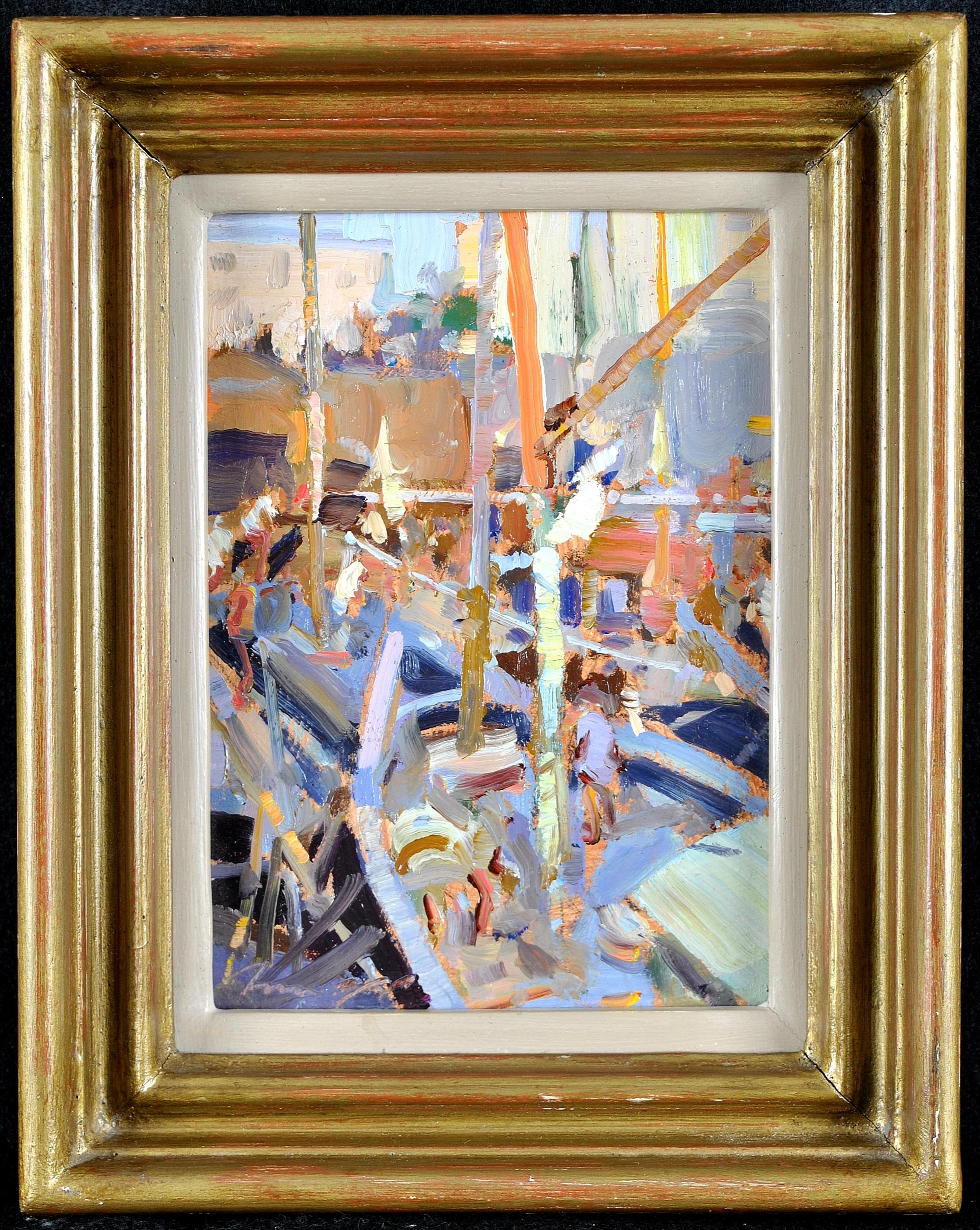 Figurative Painting Ken Moroney - Berthed - 20e siècle Modern British Impressionist Boats in Harbour Painting (peinture de bateaux dans un port)