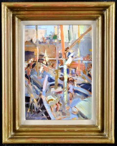 Berthed - Moderne britische Impressionisten des 20. Jahrhunderts Boote im Hafengemälde