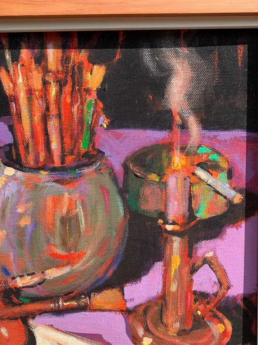 Interno di studio per artisti moderni del XX secolo British, con tavolozza, pennelli e olii - Landscape Painting Arancia di Ken Moroney