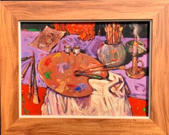 Modernes britisches Künstleratelier-Interieur des 20. Jahrhunderts, mit Palette, Pinsel und Ölfarben