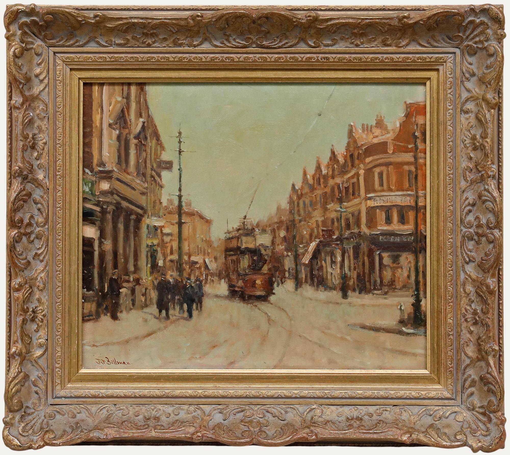 A delightful impressionist study by the artist Ken Moroney (1949-2018). The artist's soft painting style and muted hues create a warm sense of nostalgia for a time gone by. Signed to bottom left using his well-known pseudonym of 'J.J. Bellman'.