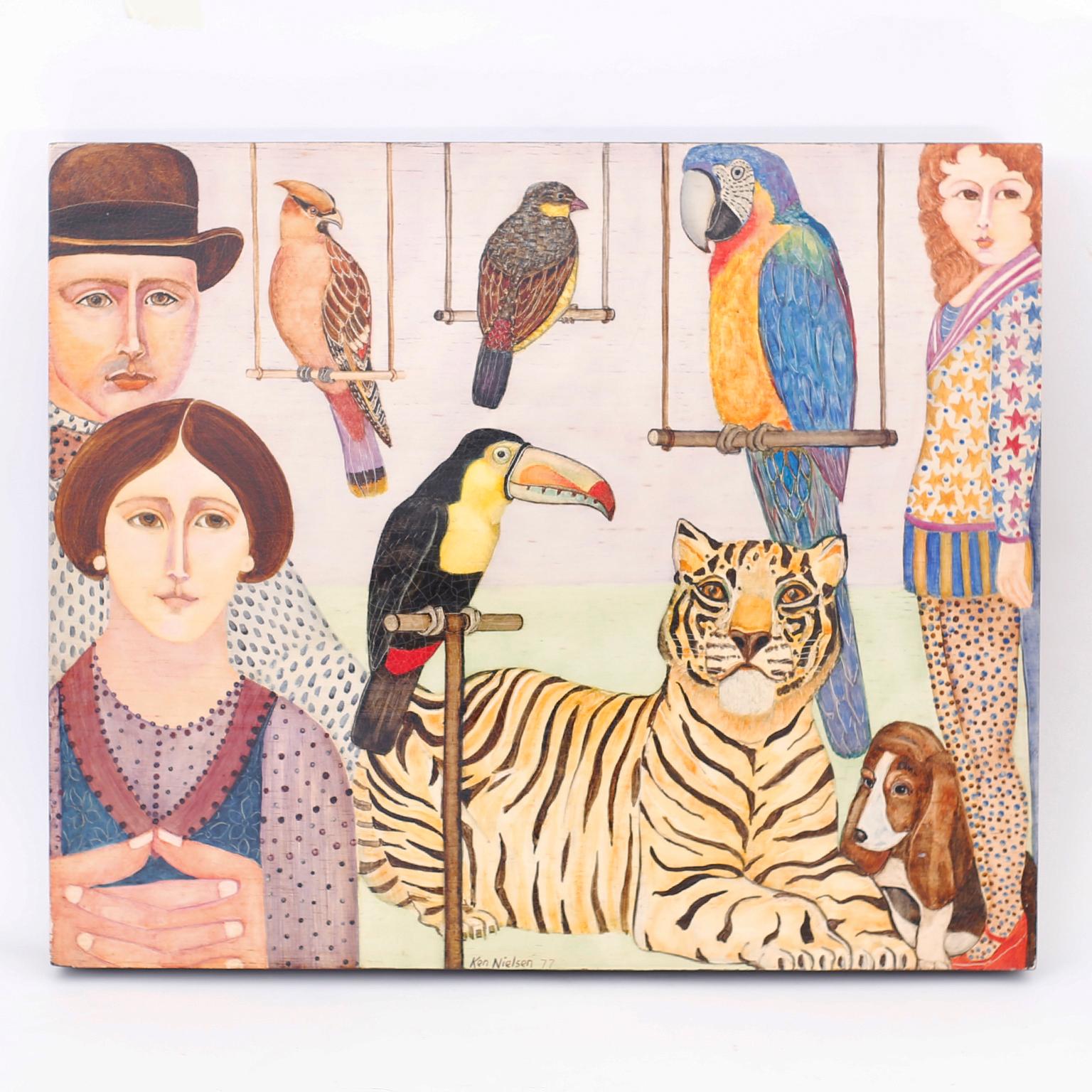 Pittura ad olio su tavola di persone, animali e uccelli