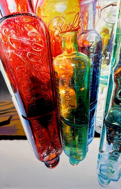 Ken Orton, "Mandrake" Rainbow Glass Bottle Still Life Photorealist Oil Painting 