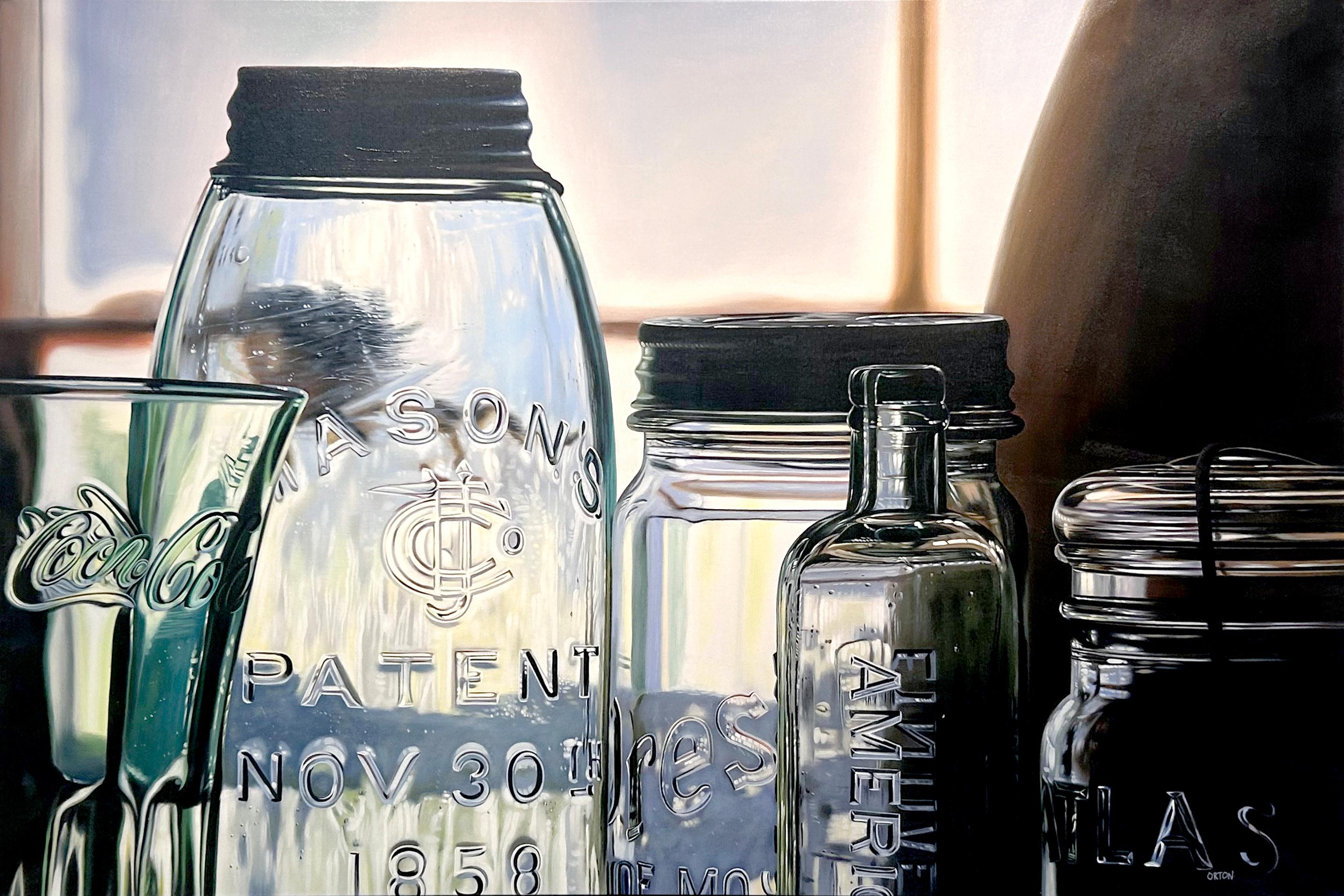Ken Orton's "Patent Image" is a 40x60 original oil painting on canvas. This painting depicts a still life setting featuring a grouping of crystal clear jars and bottles. Included in the glass collection are a Coca Cola glass, Presto jar, Mason jar