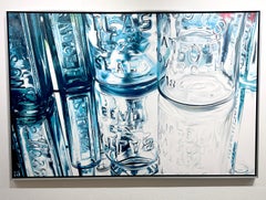 Ken Orton, „Rose Blossom“, Blaues Glasgefäß Stillleben, Fotorealistisches Ölgemälde