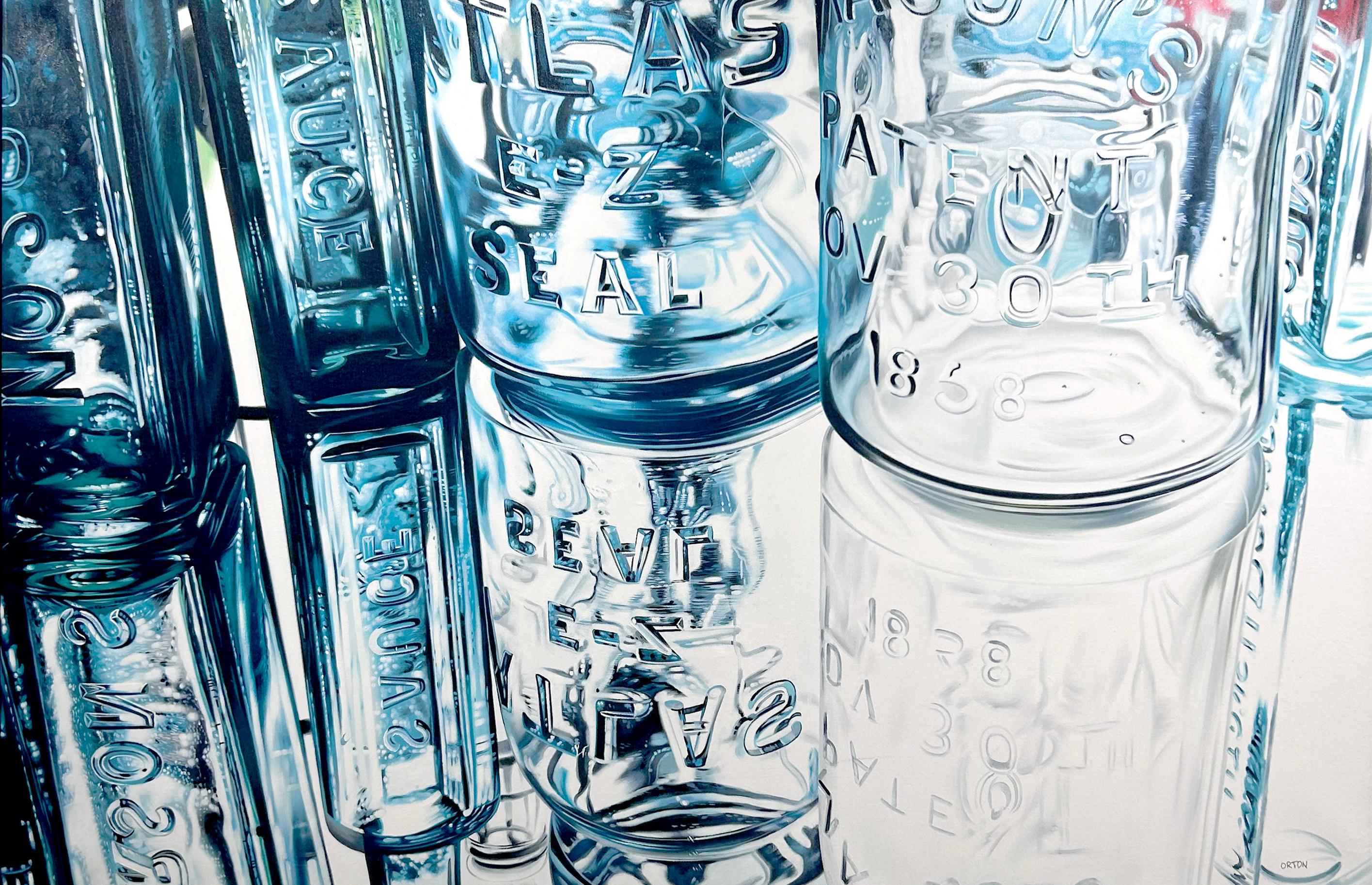Ken Orton's "Rose Blossom" is a 36x54 original oil painting on canvas. This painting depicts a still life setting featuring an up-close cropping of an assortment of glass bottles and jars. Soft and subtle tones of blue bend, reflect and refract