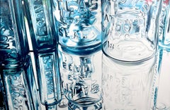 Ken Orton, "Rose Blossom", Blue Glass Jar Still Life Photorealist Oil Painting