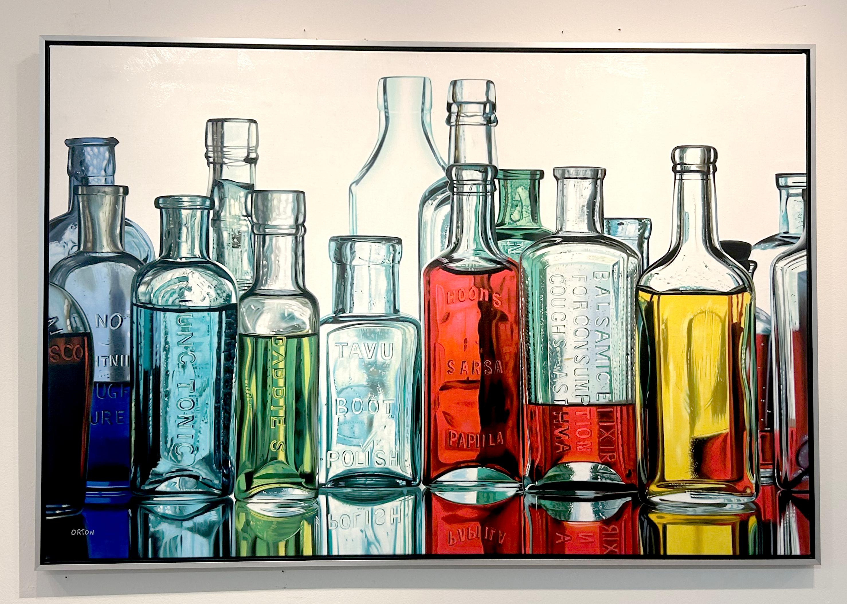 Peinture à l'huile « Tonic » de Ken Orton, représentant des bouteilles colorées photoréalistes  en vente 1