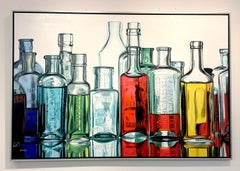 Ken Orton, „Tonic“, fotorealistisches Stillleben mit bunten Flaschen, Ölgemälde