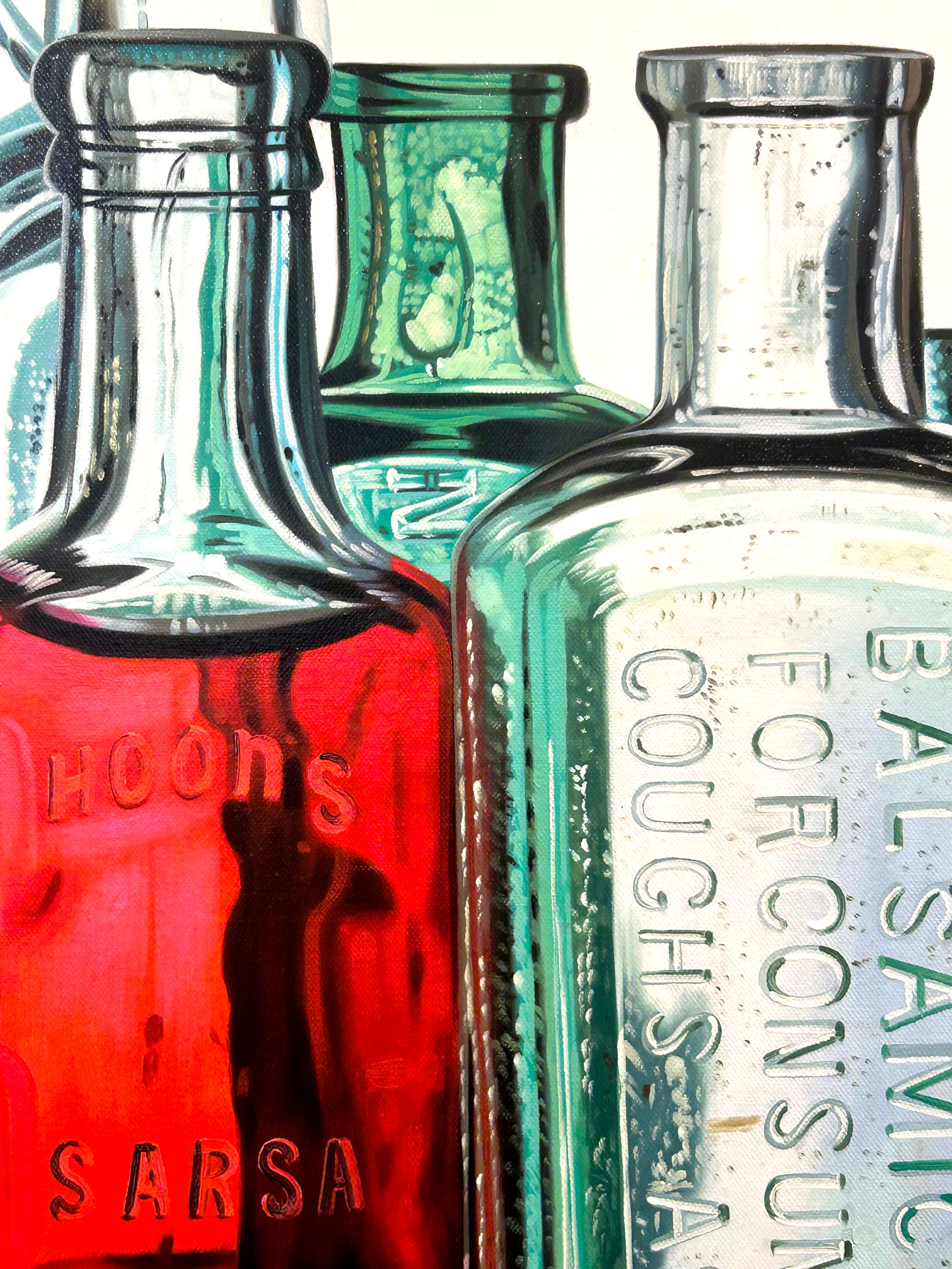 Peinture à l'huile « Tonic » de Ken Orton, représentant des bouteilles colorées photoréalistes  en vente 6