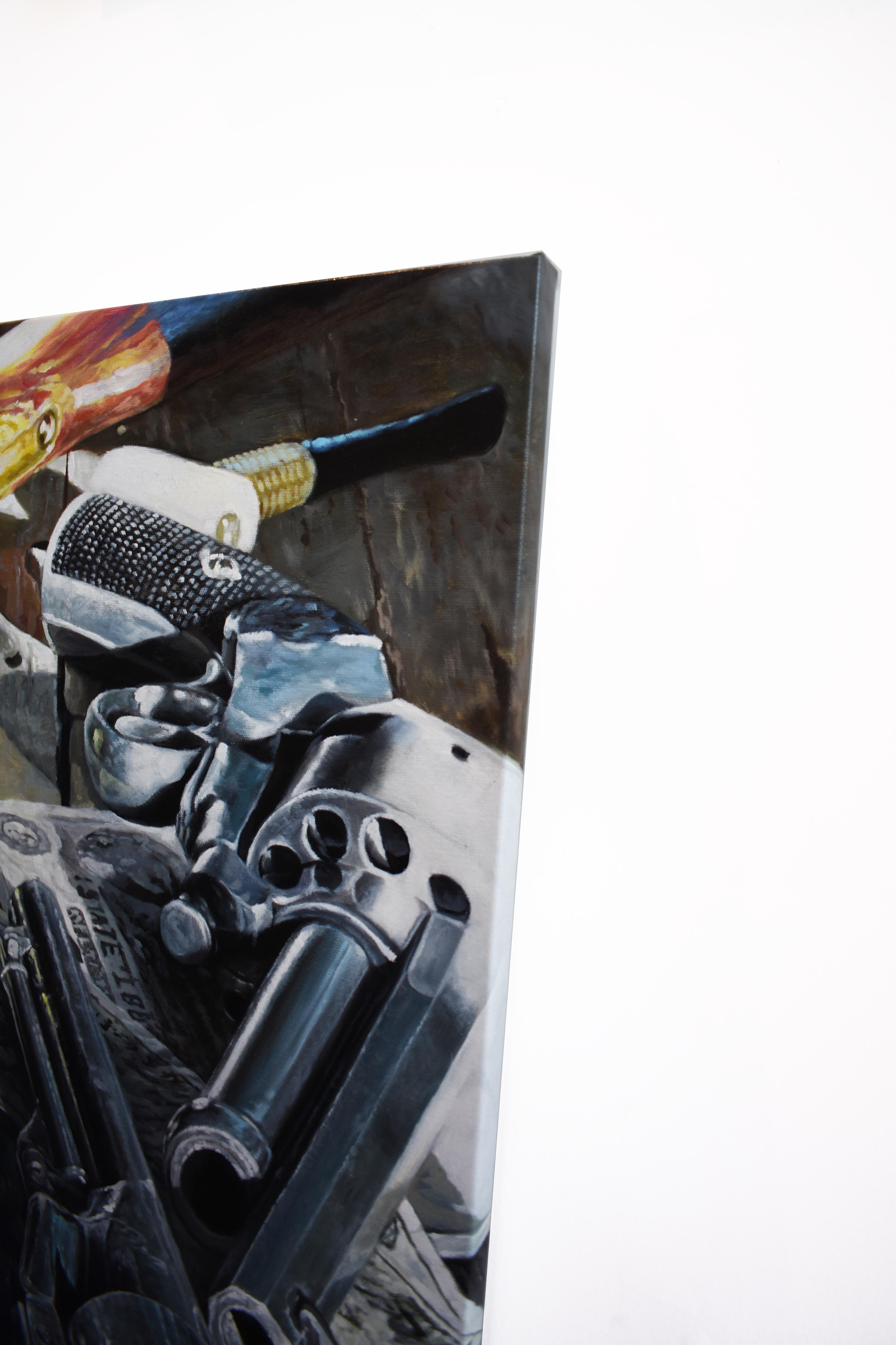 LeMat Debut by celebrated realist painter Ken Orton is a commanding 36 x 48 inch oil on canvas that fuses photorealistic technique with cinematic storytelling. At first glance, it’s a meticulously rendered still life—but look closer, and the scene