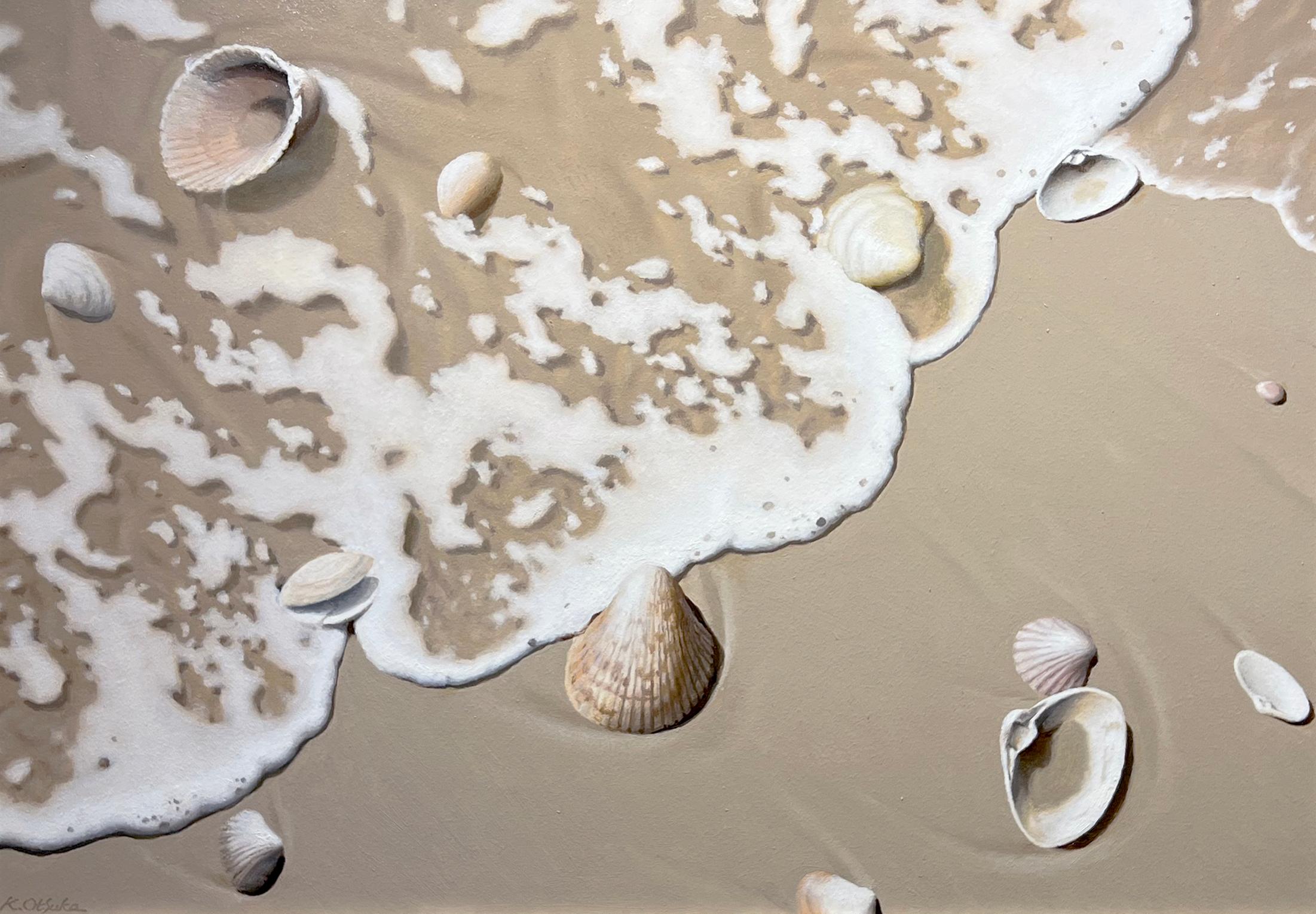 Cette œuvre réaliste, "Rhythm of Timelessness", est une peinture à l'huile sur toile de 20x28 réalisée par l'artiste Ken Otsuka. Elle représente un rivage de plage océanique lumineux sous le soleil de l'après-midi. Sentez l'air salin de la mer