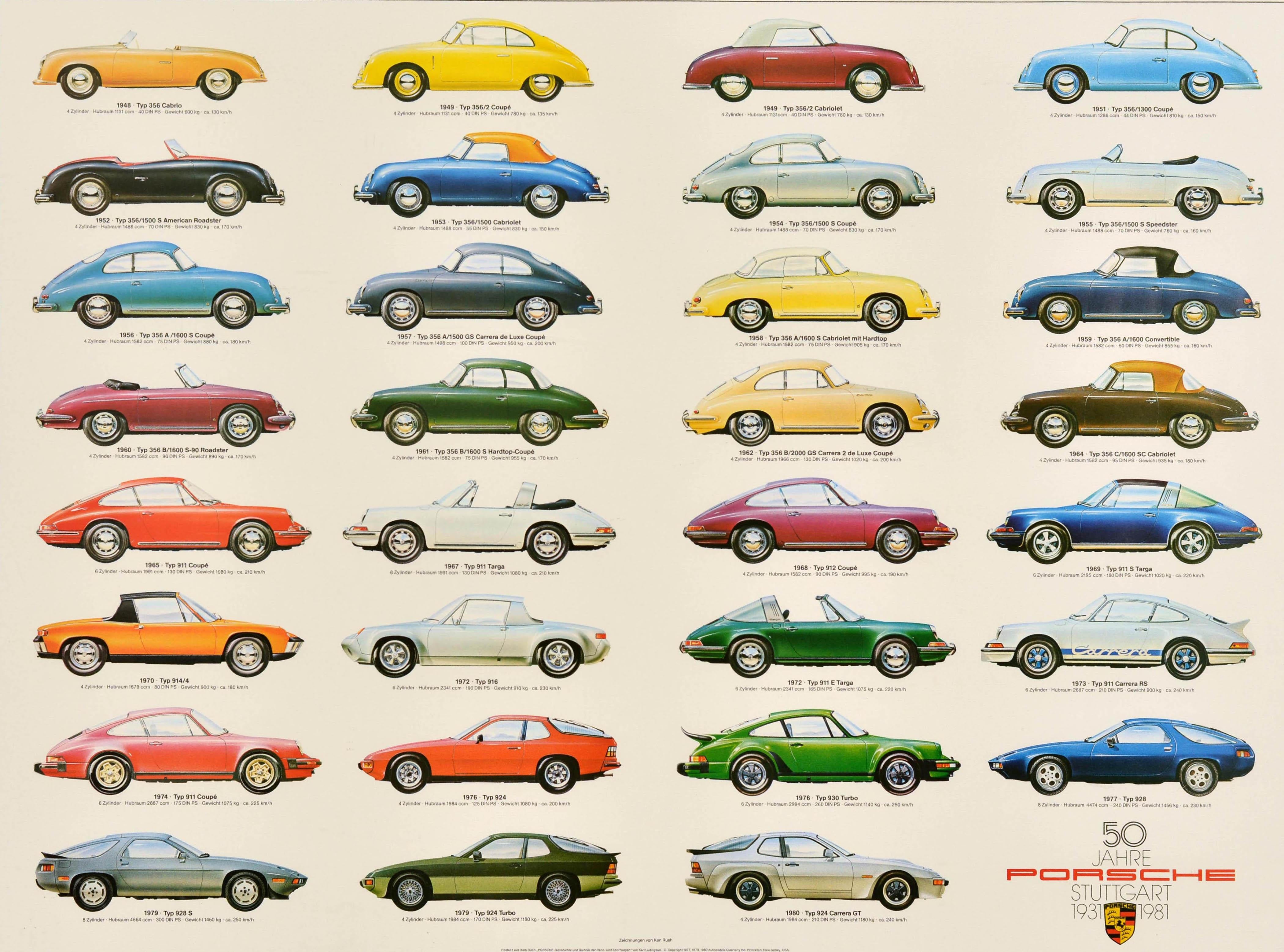 Original Vintage Automobile Advertising Poster Porsche Car Models Ken Rush For Sale 1