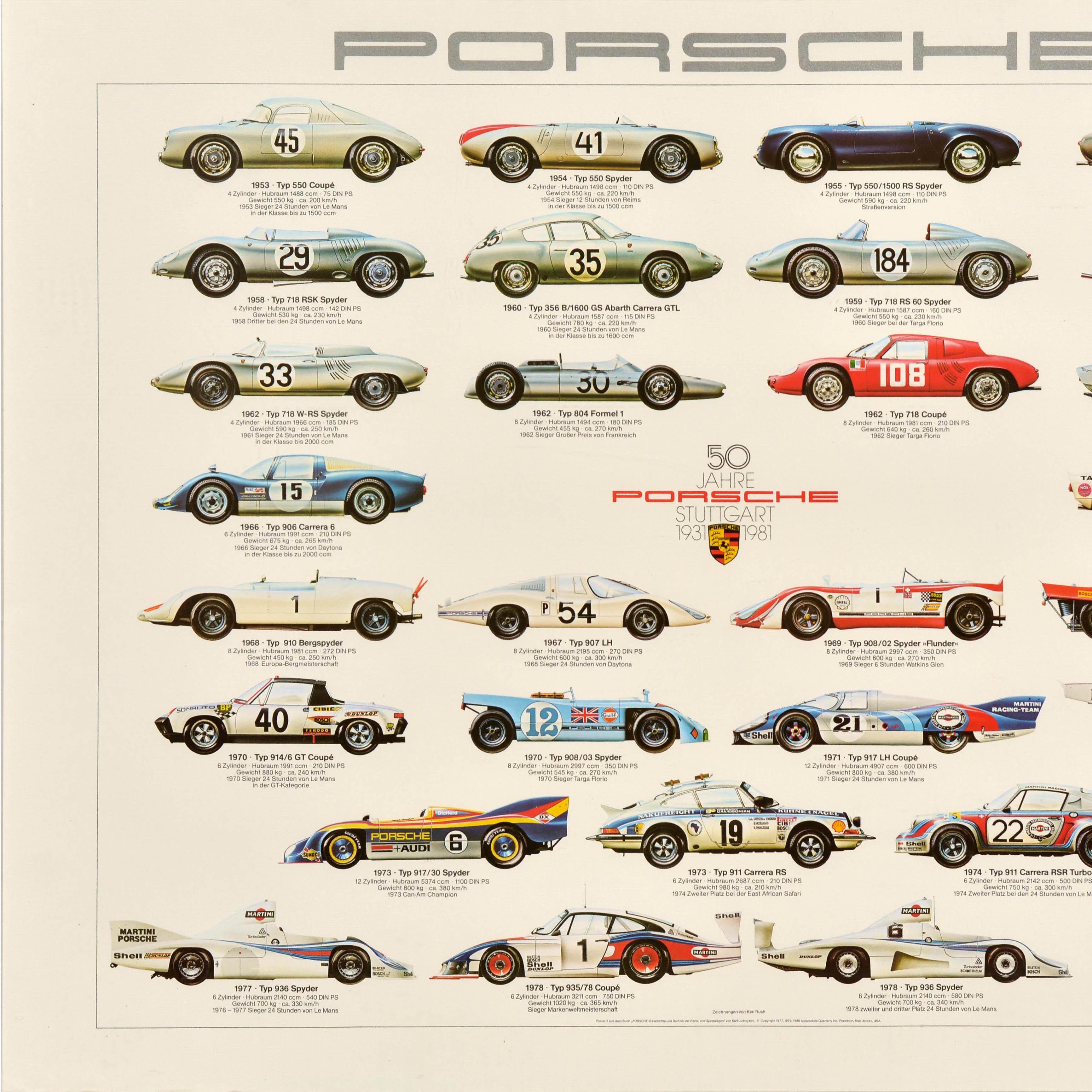 Original-Vintage-Werbeplakat Porsche Stuttgart 1931-1981 Renn Auto (Beige), Print, von Ken Rush