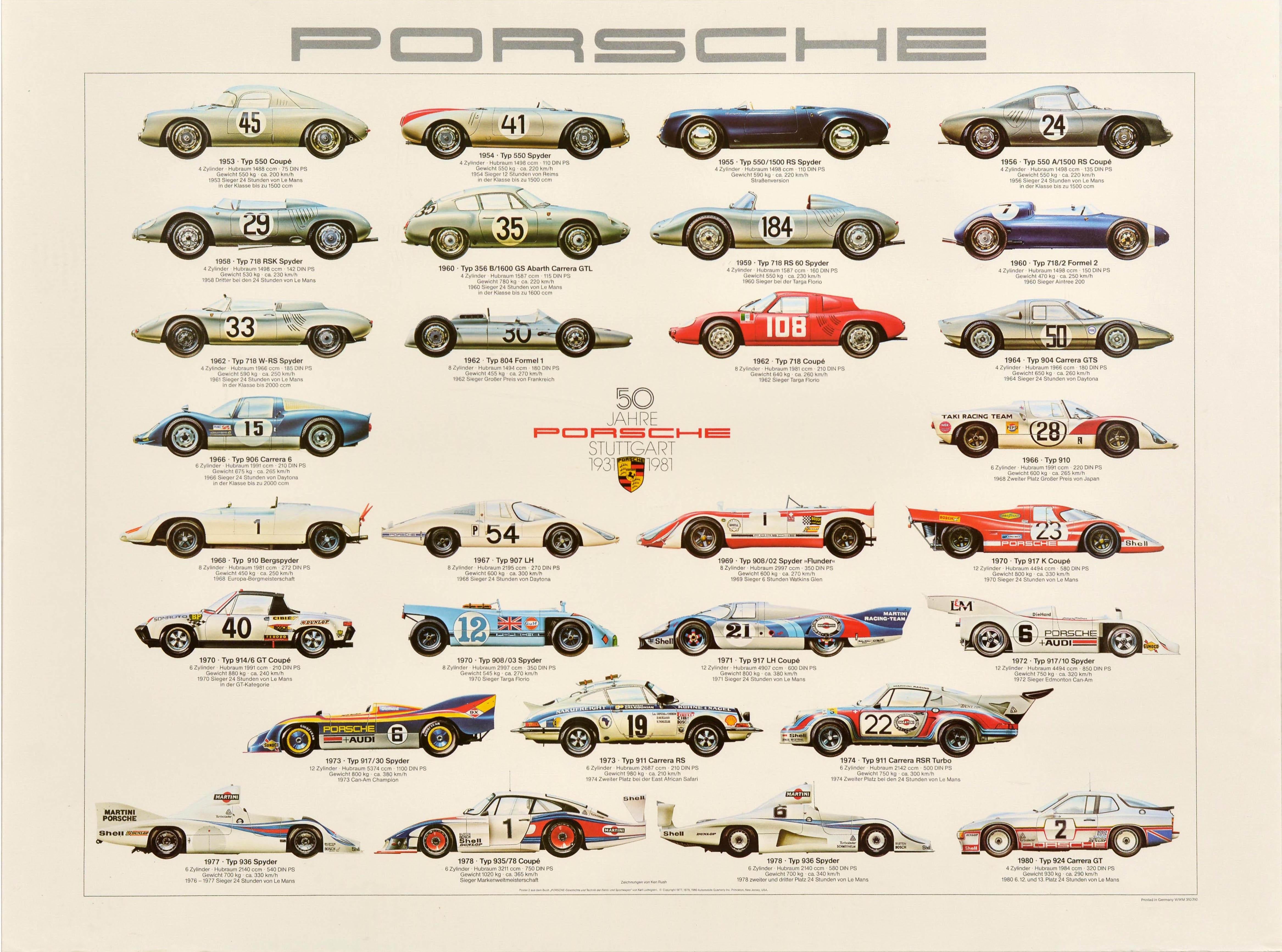 Ken Rush Print - Original Vintage Car Advertising Poster Porsche Stuttgart 1931-1981 Racing Auto