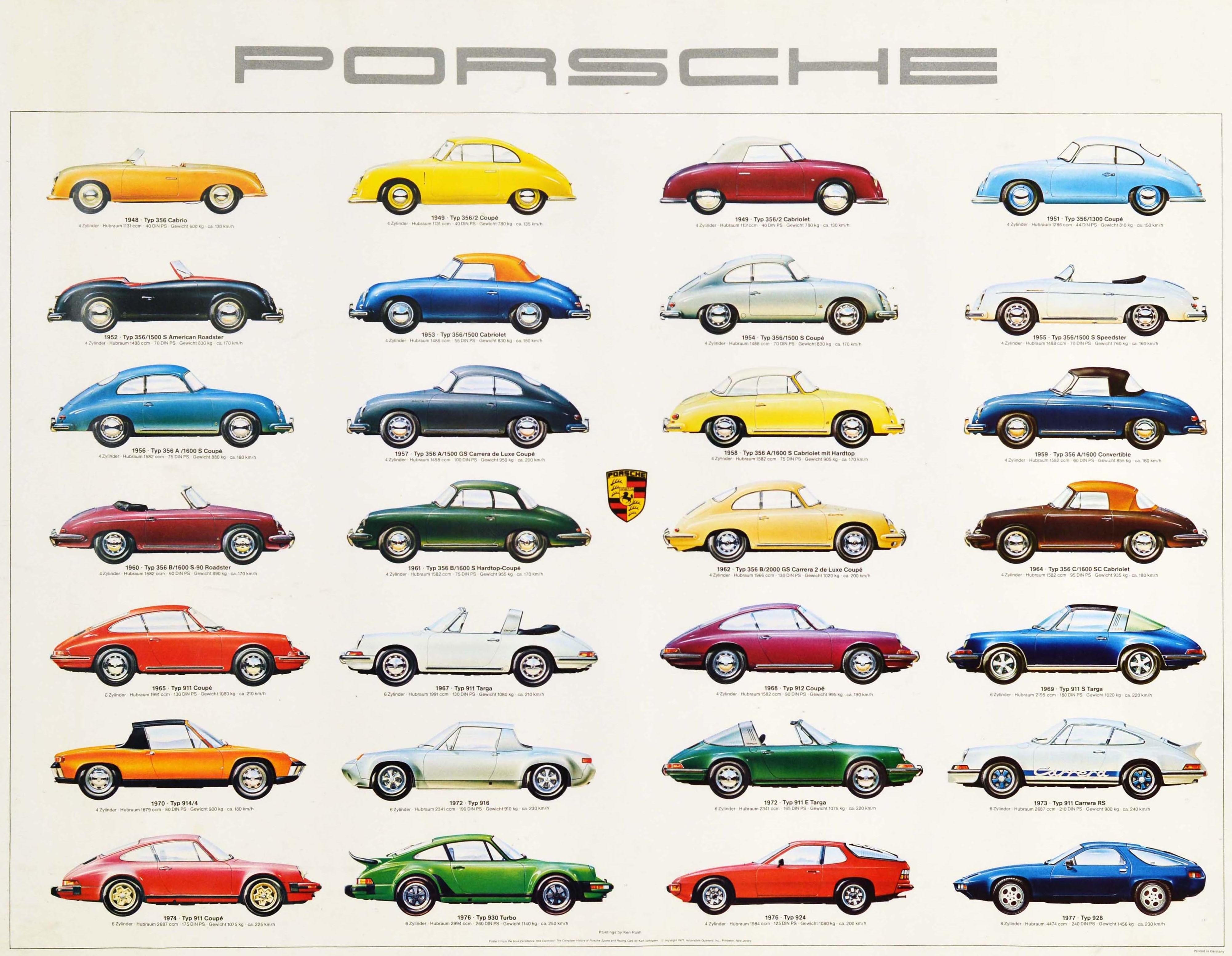 Original Vintage Poster Porsche Car Models Iconic Sports And Racing Cars Design - Print by Ken Rush