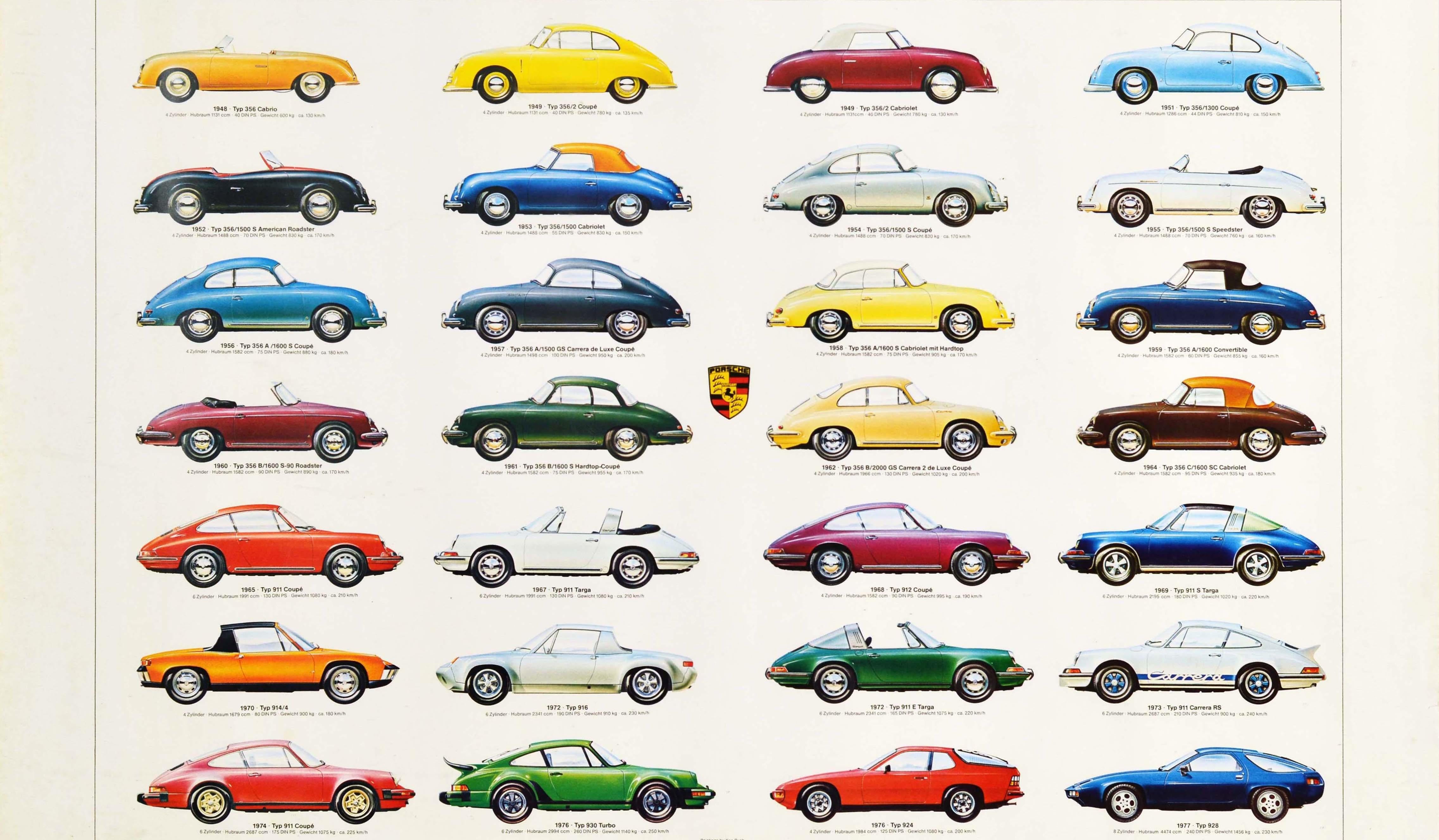 Original Vintage Poster Porsche Car Models Iconic Sports And Racing Cars Design - Beige Print by Ken Rush
