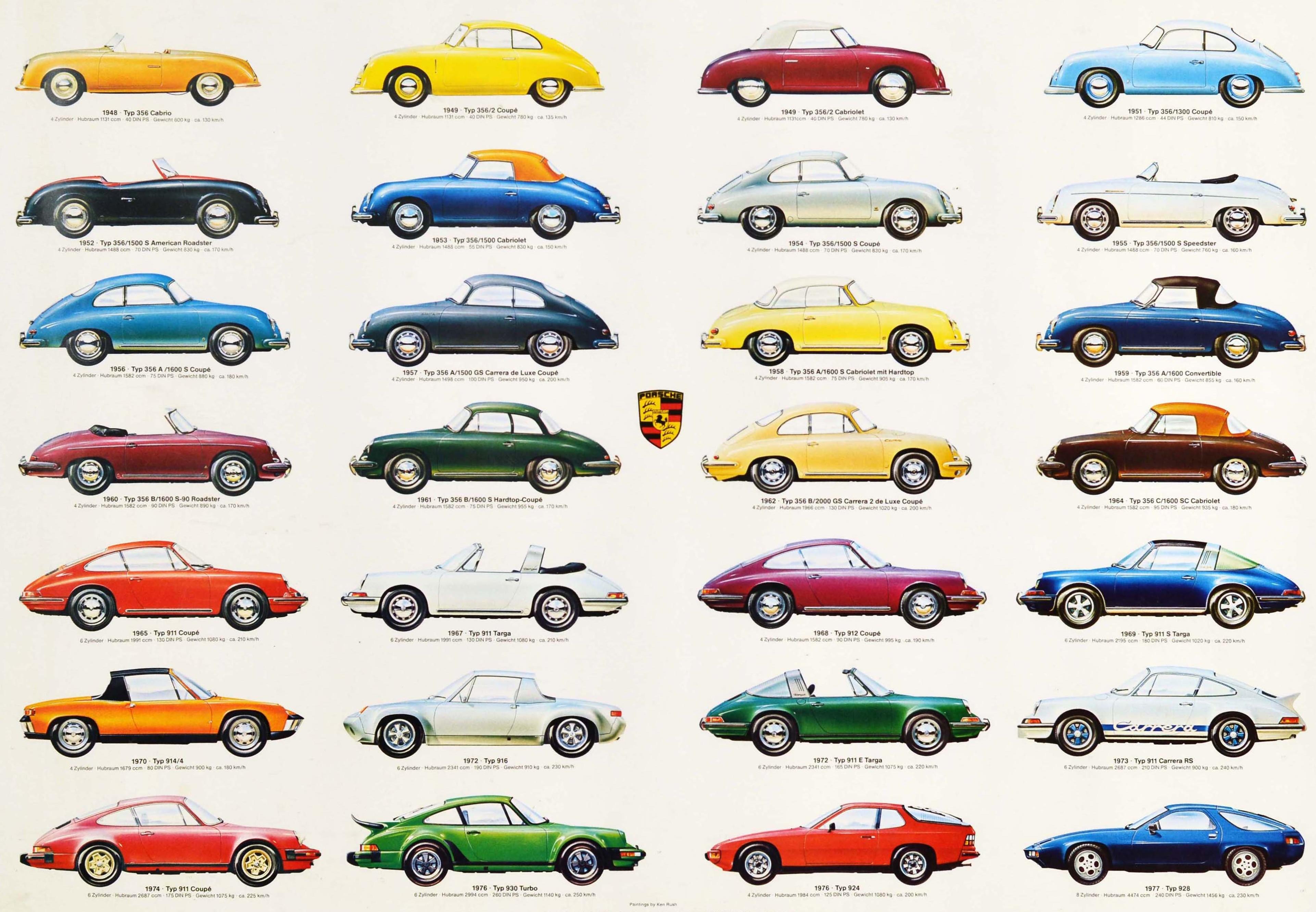 Original vintage advertising poster for Porsche car models depicting various cars including 356, 911, 912, 914, 916, 924, 928 and 930 models produced from the Typ 356 Cabrio released in 1948 to the Typ 928 released in 1977. Great artwork of these
