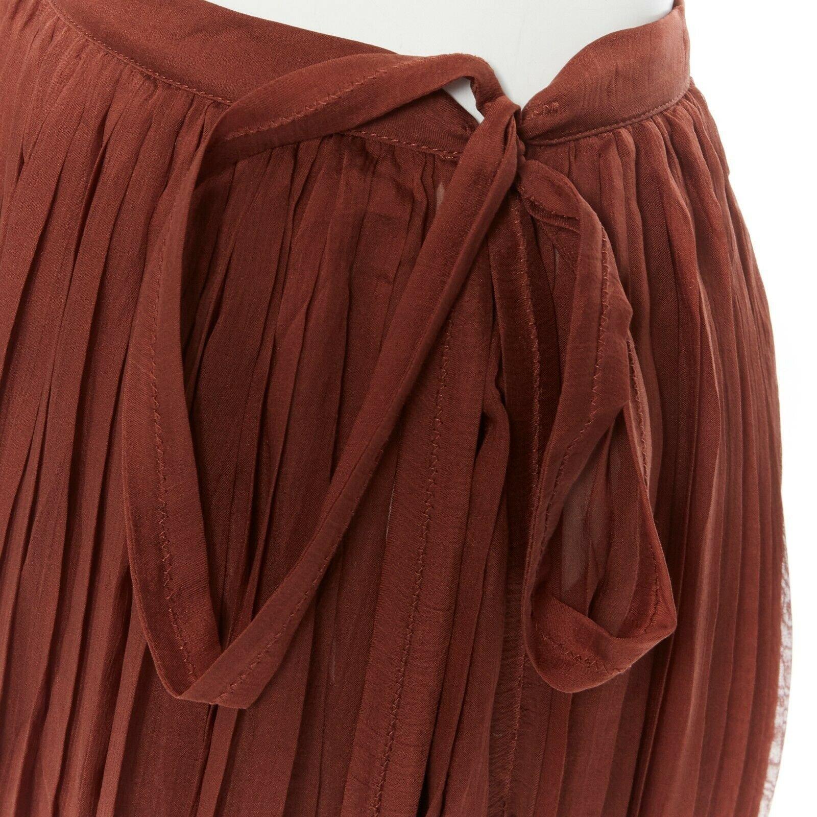 KEN SCOTT chestnut brown 100% silk high-waist pleat flare knee length skirt IT38 4