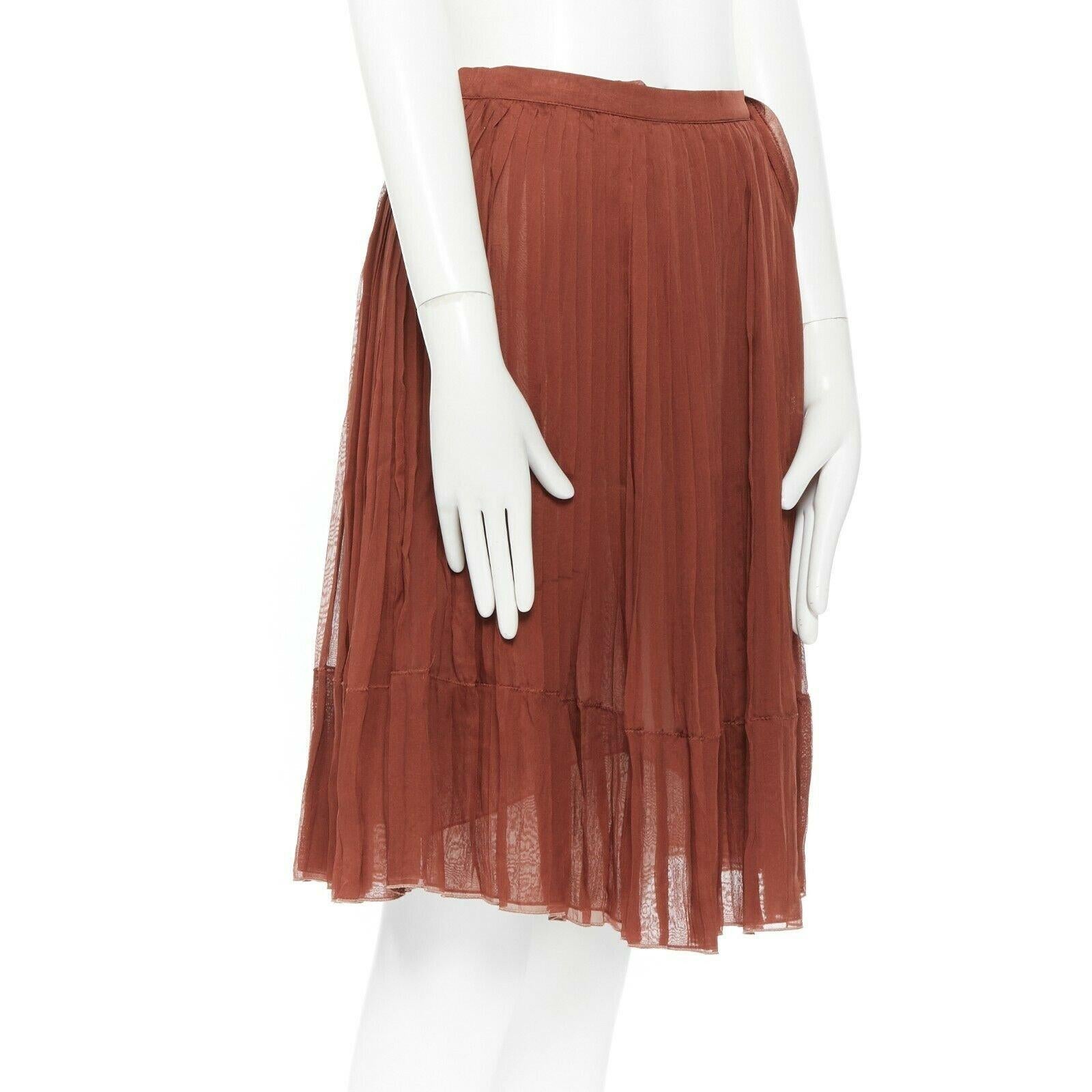 Brown KEN SCOTT chestnut brown 100% silk high-waist pleat flare knee length skirt IT38