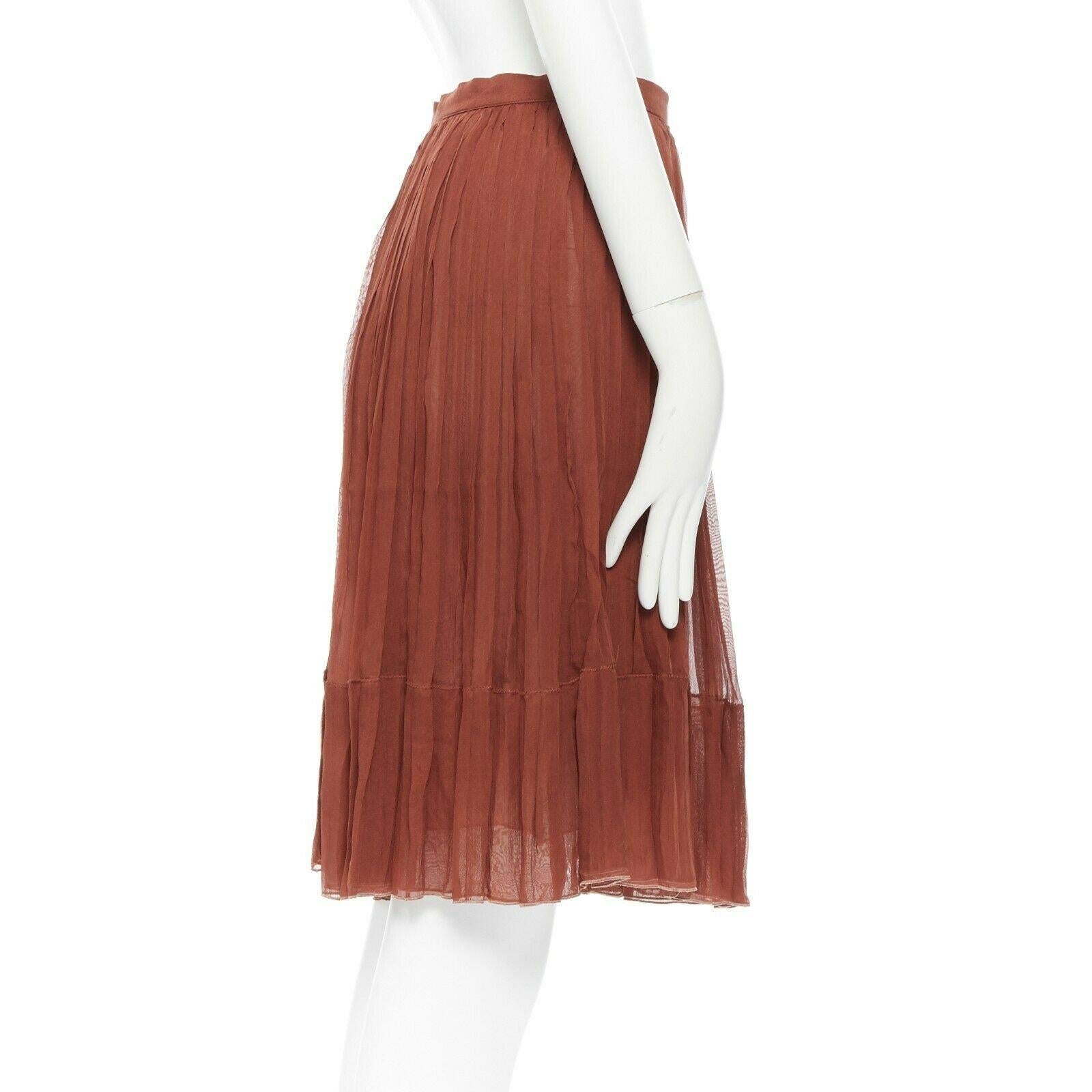 KEN SCOTT chestnut brown 100% silk high-waist pleat flare knee length skirt IT38 In Good Condition In Hong Kong, NT
