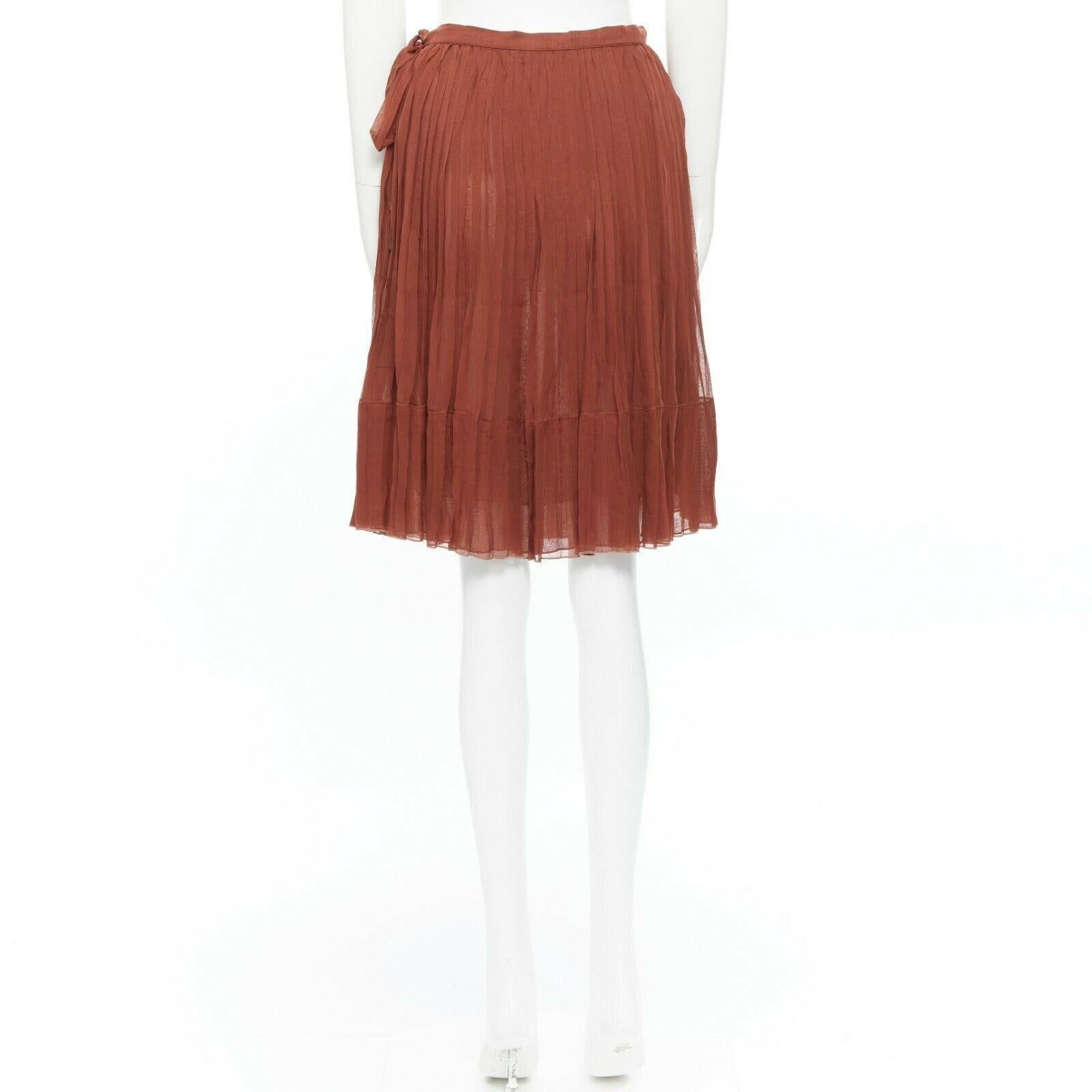 Women's KEN SCOTT chestnut brown 100% silk high-waist pleat flare knee length skirt IT38