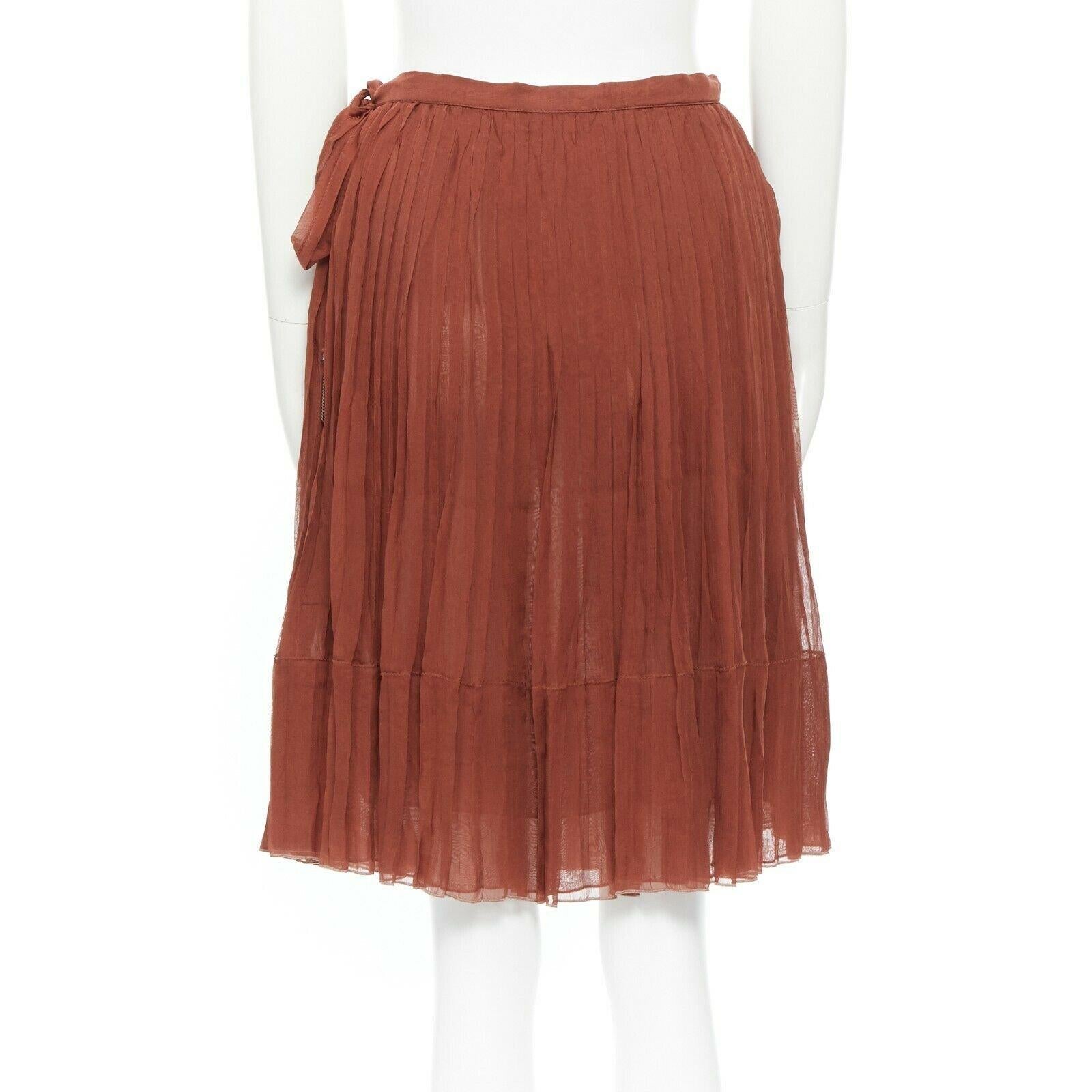 KEN SCOTT chestnut brown 100% silk high-waist pleat flare knee length skirt IT38 1