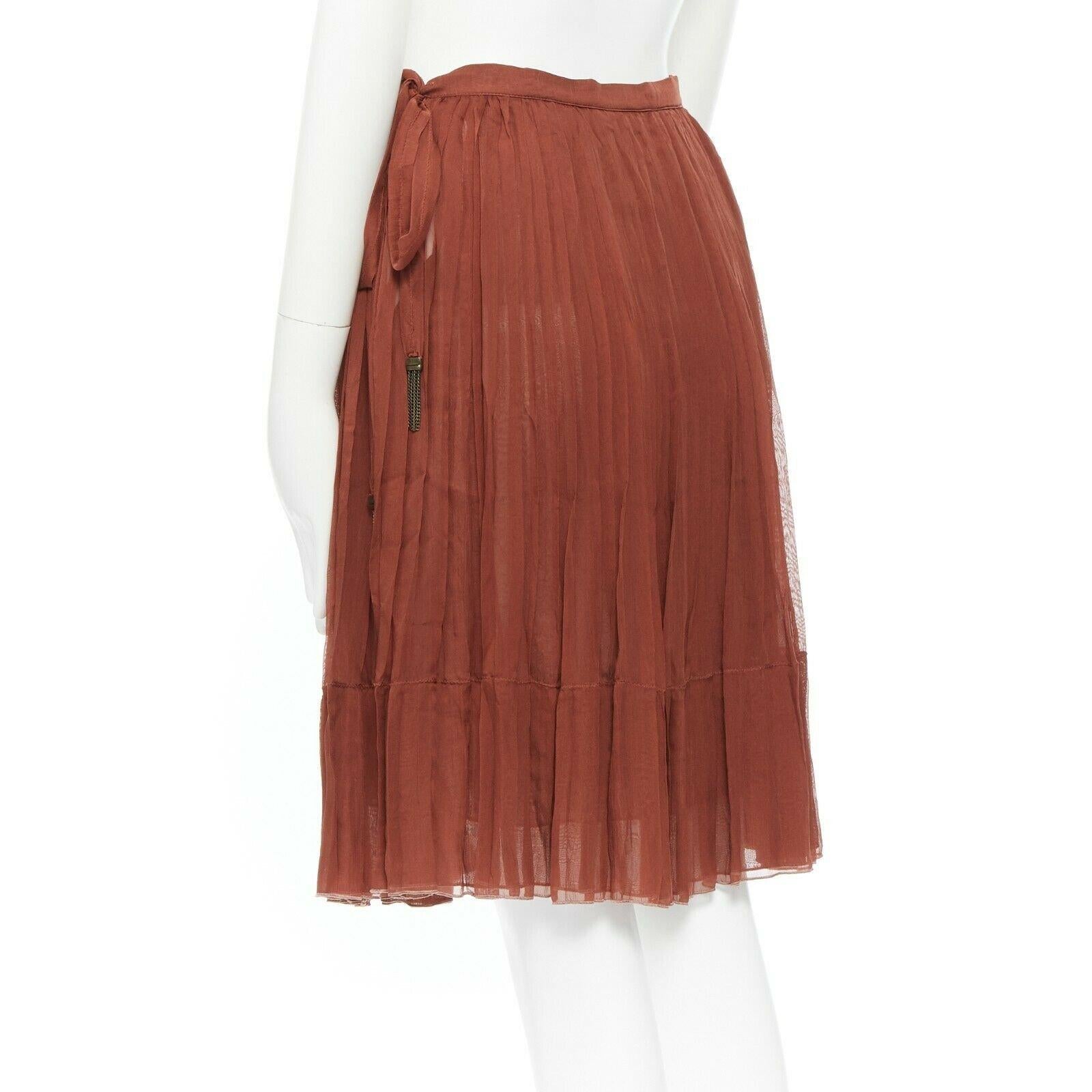 KEN SCOTT chestnut brown 100% silk high-waist pleat flare knee length skirt IT38 2