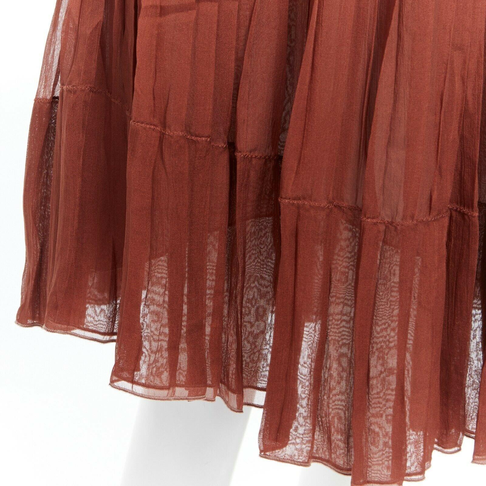 KEN SCOTT chestnut brown 100% silk high-waist pleat flare knee length skirt IT38 3