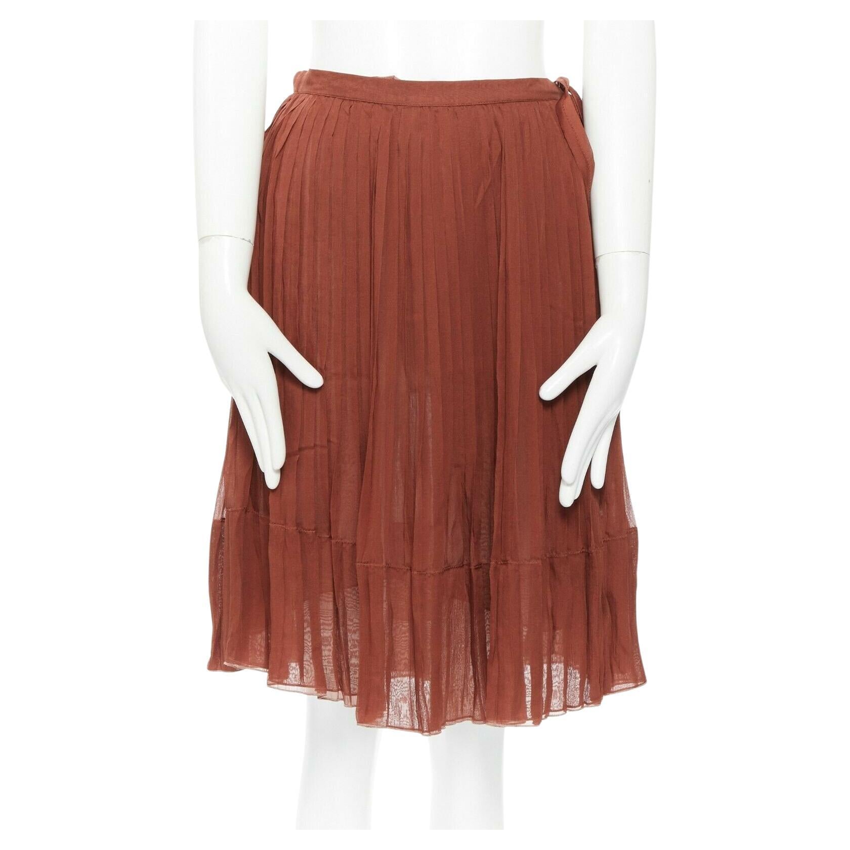 KEN SCOTT chestnut brown 100% silk high-waist pleat flare knee length skirt IT38
