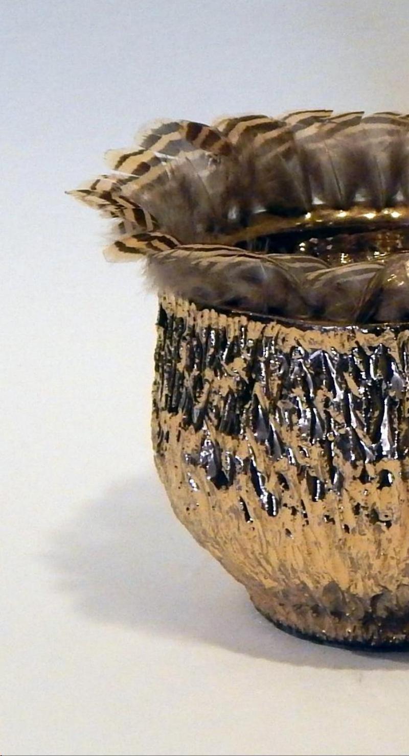 20th Century Ken Shores Art Pottery Cup Form Fetish Pot with Applied Feathers, circa 1960s