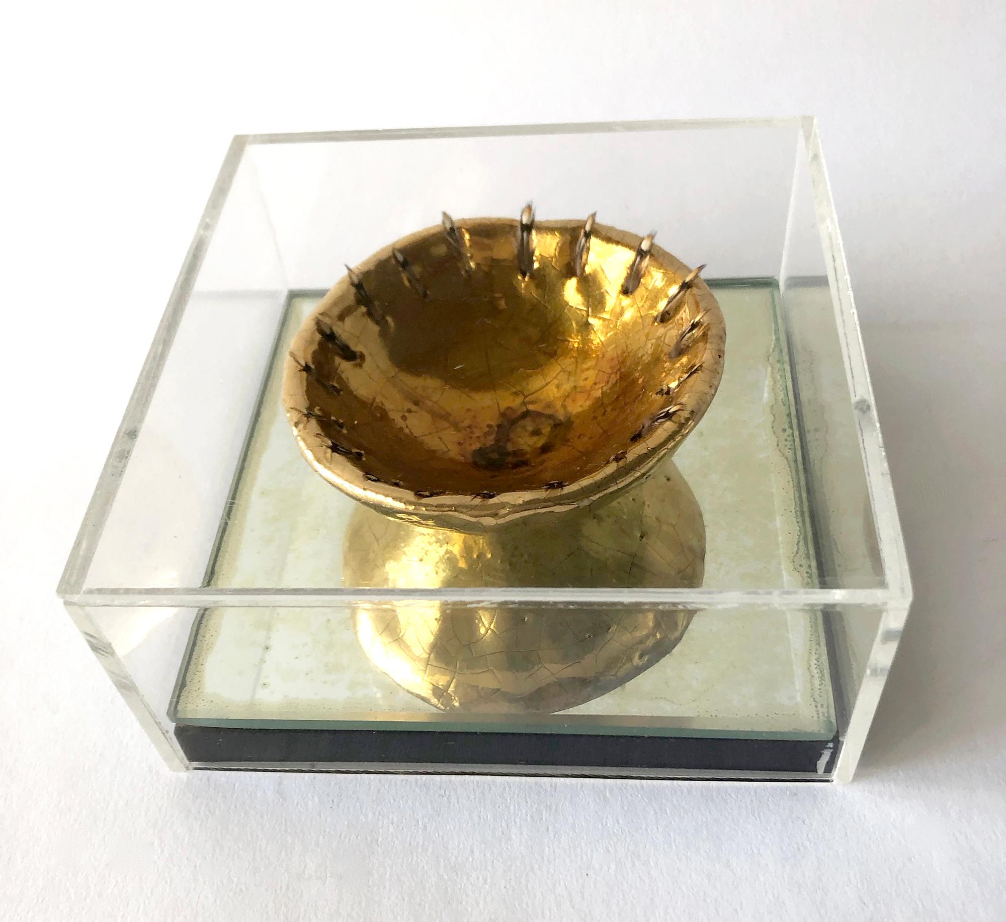 American Ken Shores Gold Luster Feather Funk Pottery Ceremonial Bowl #6 In Mirrored Case For Sale