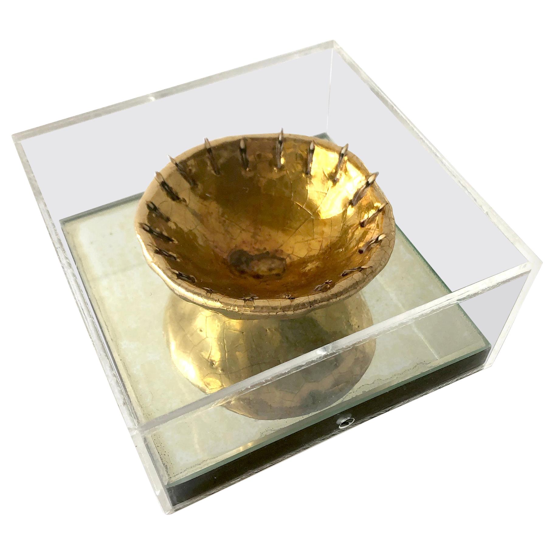 Bol de cérémonie Funk Pottery n°6 Ken Shores en plumes lustrées dorées dans un coffret en miroir